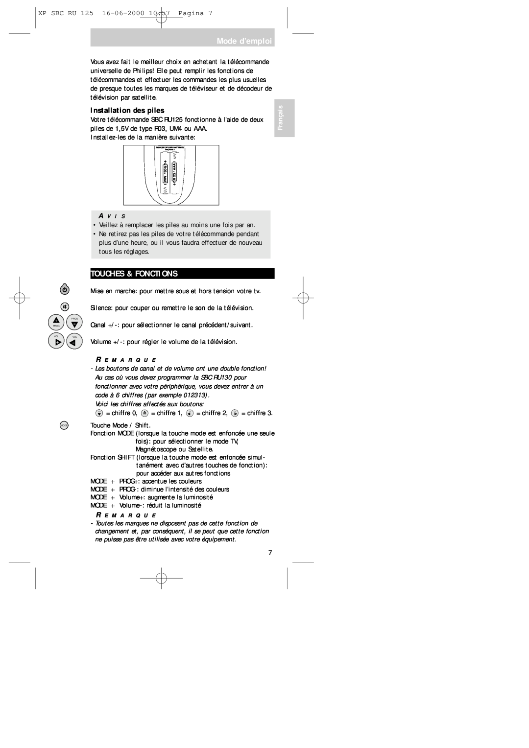 Philips RU125 manual Mode d’emploi, Touches & Fonctions, Installation des piles, Français 