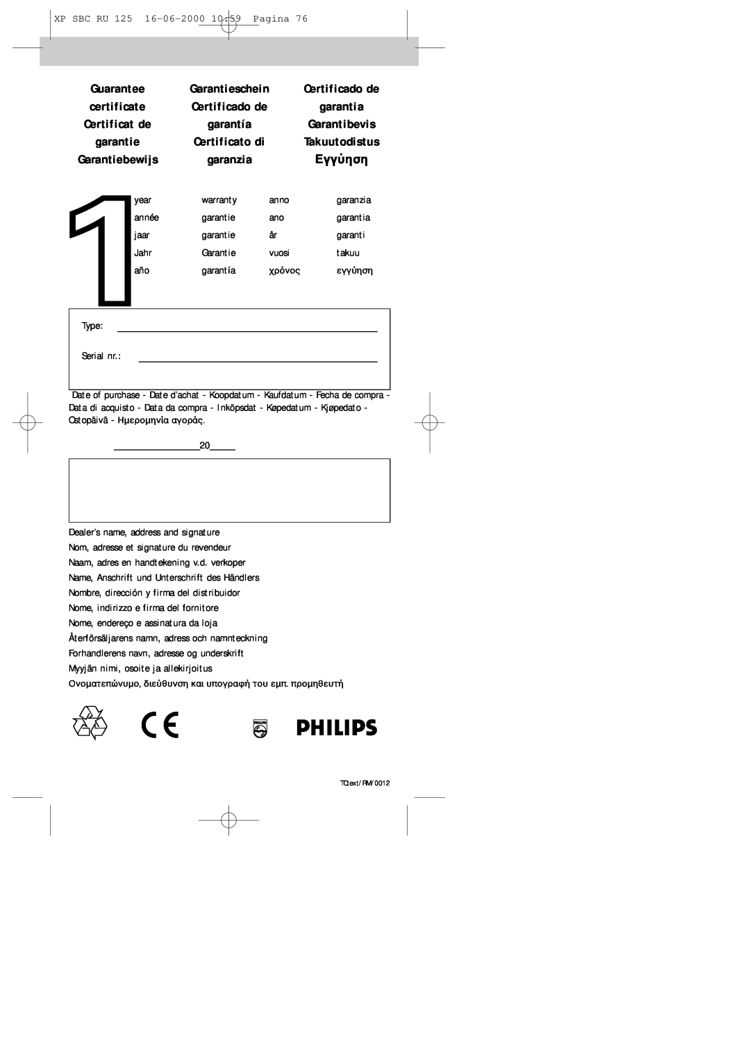Philips RU125 manual Certificado de, certificate, garantia, Certificat de, garantía, Garantibevis, garantie, Certificato di 