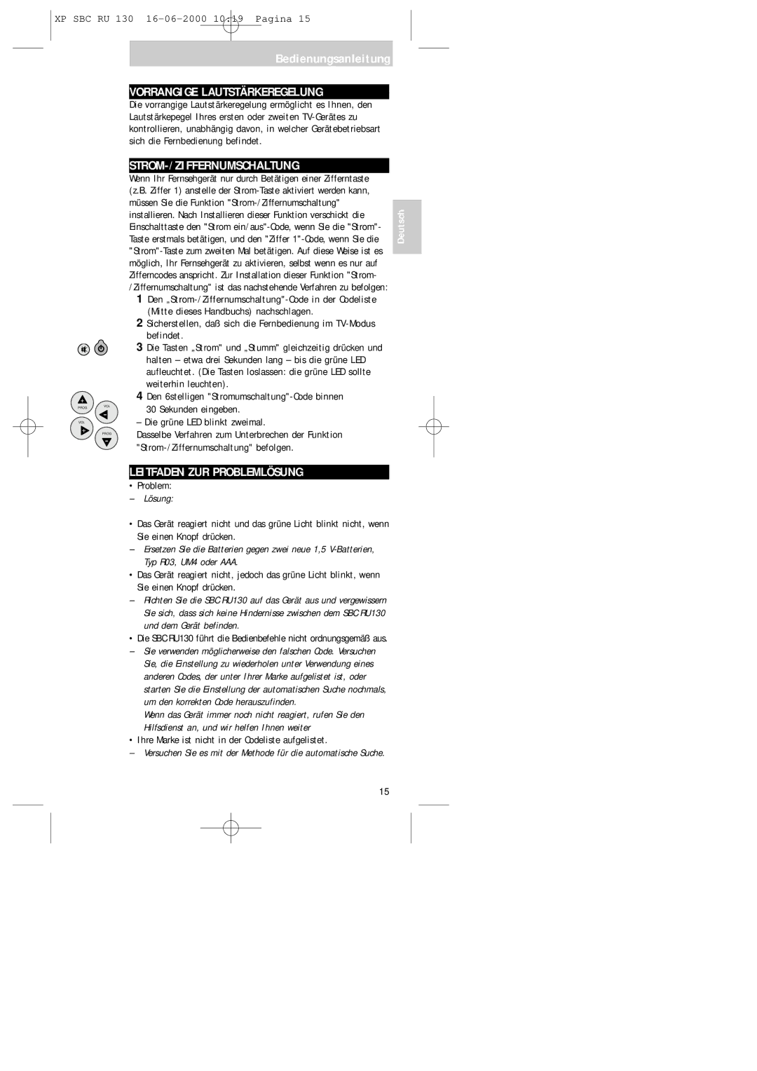 Philips RU130 manual Vorrangige Lautstärkeregelung, Strom-/Ziffernumschaltung, Leitfaden ZUR Problemlösung, Lösung 