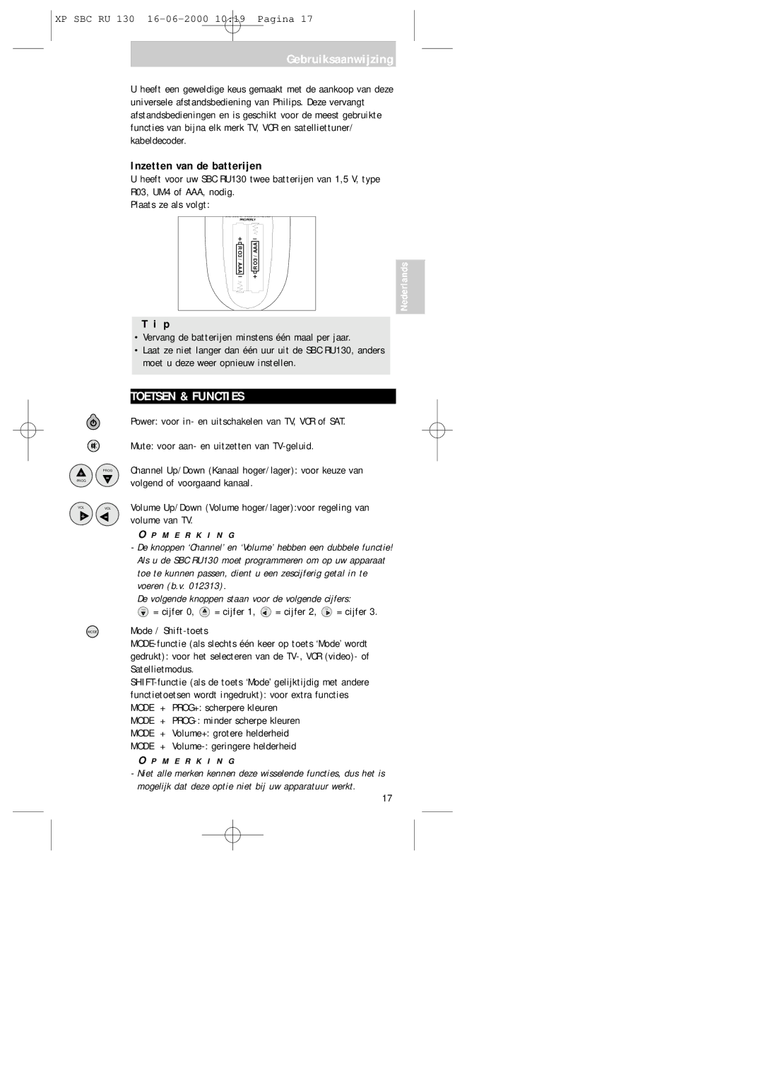 Philips RU130 manual Gebruiksaanwijzing, Toetsen & Functies, Inzetten van de batterijen 