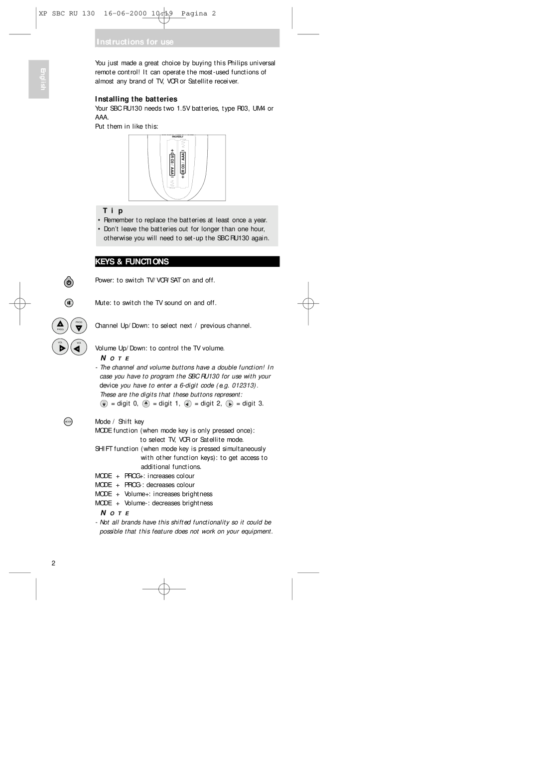 Philips RU130 manual Instructions for use, Keys & Functions, Installing the batteries 