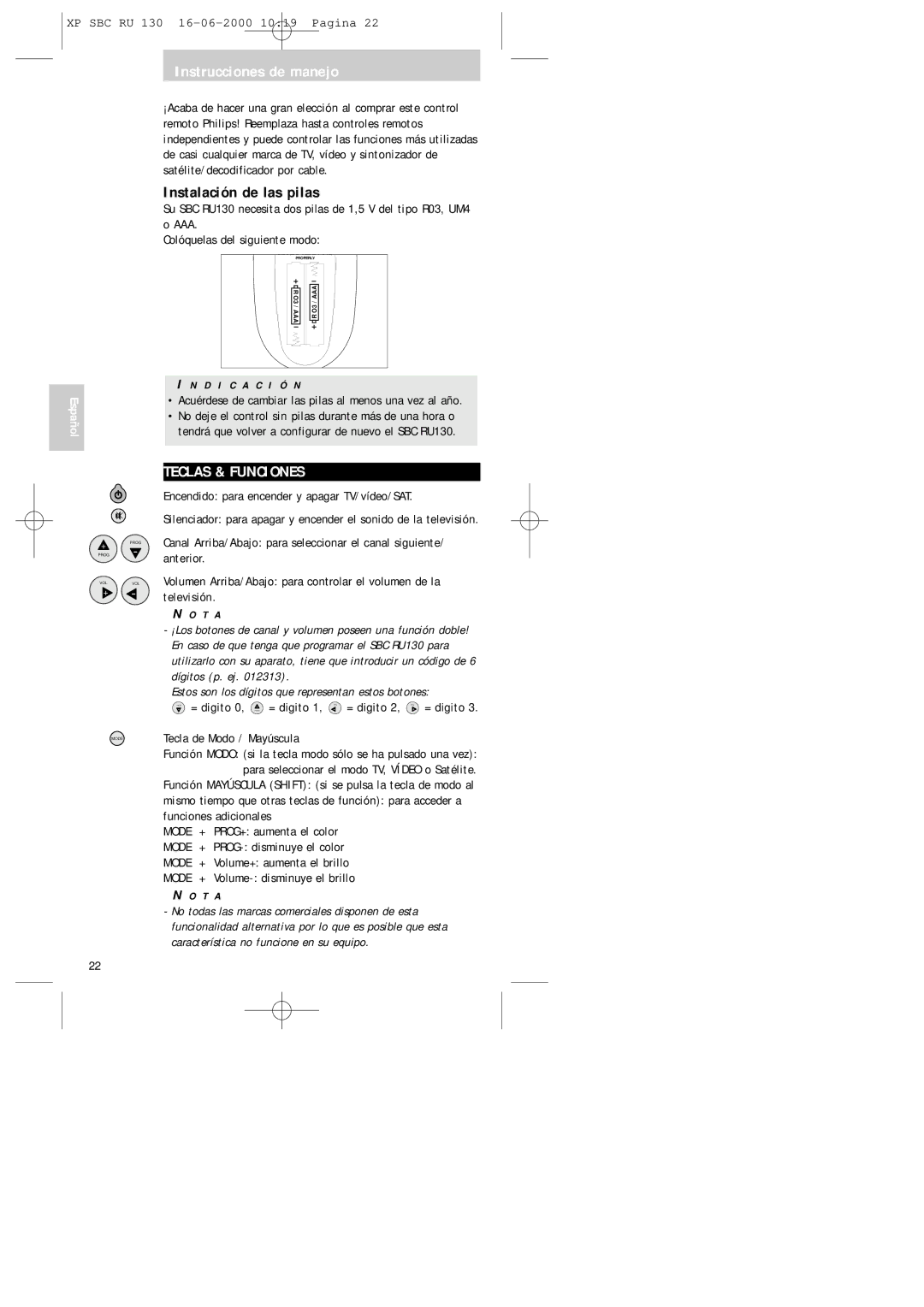 Philips RU130 manual Instrucciones de manejo, Instalación de las pilas, Teclas & Funciones 