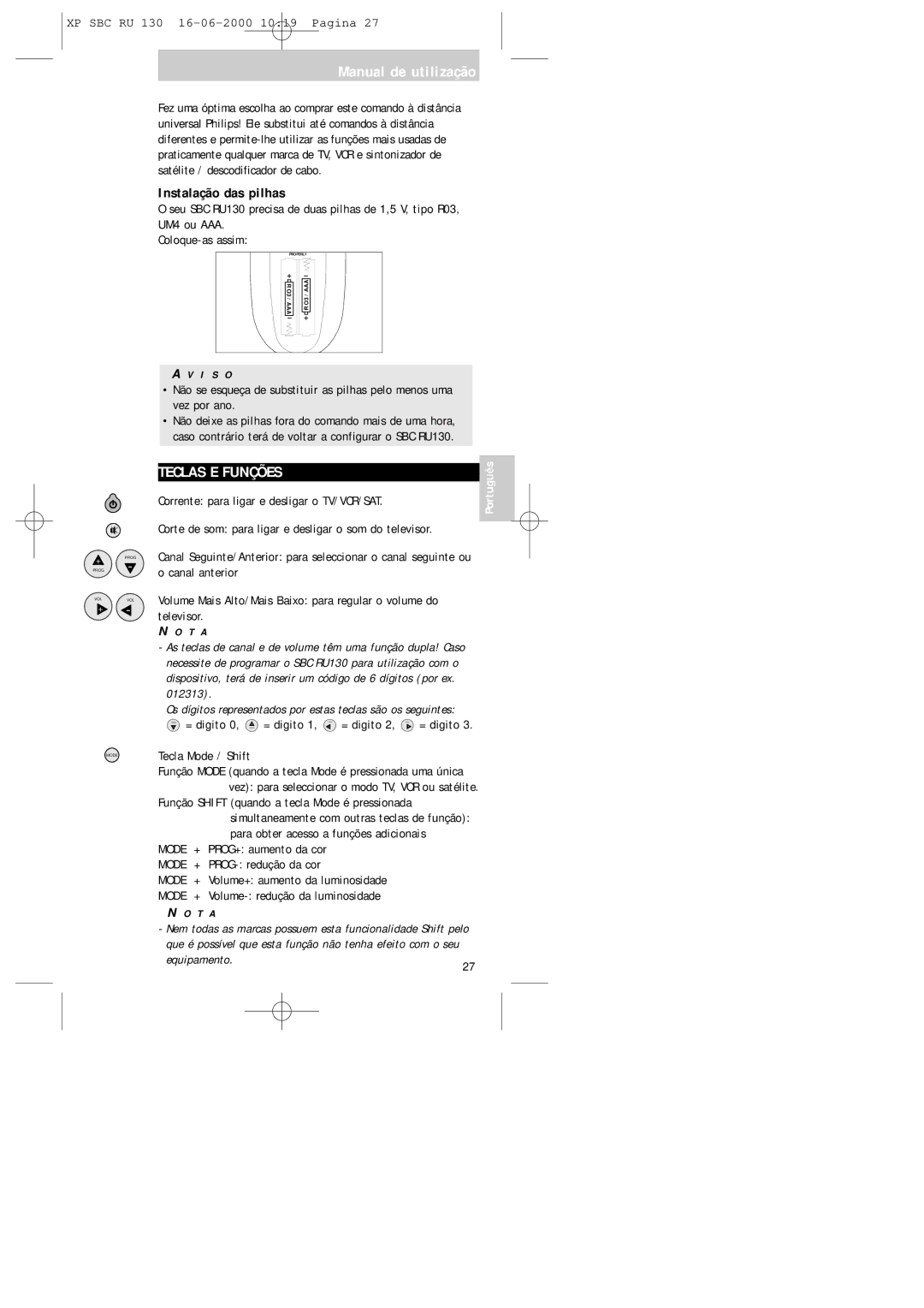 Philips RU130 manual Manual de utilização, Teclas E Funções, Instalação das pilhas, Tecla Mode / Shift, Equipamento 