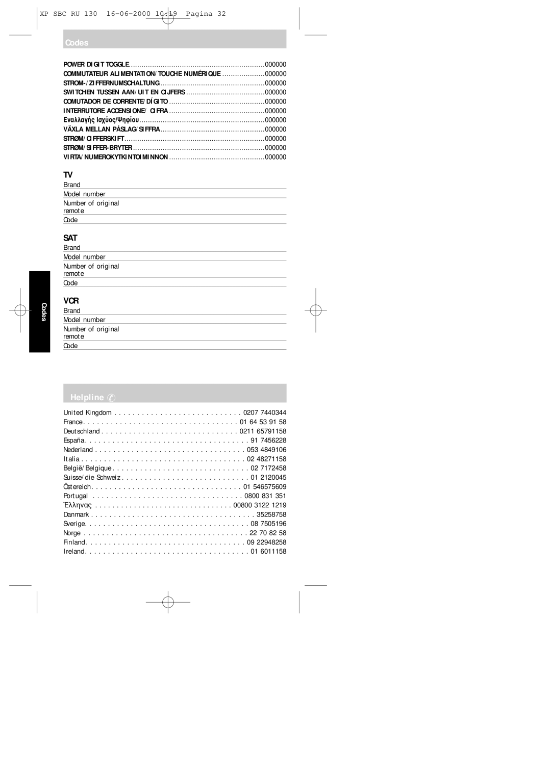 Philips RU130 manual Codes, Helpline, Εναλλαγής Iσ, Brand Model number Number of original Remote Code 