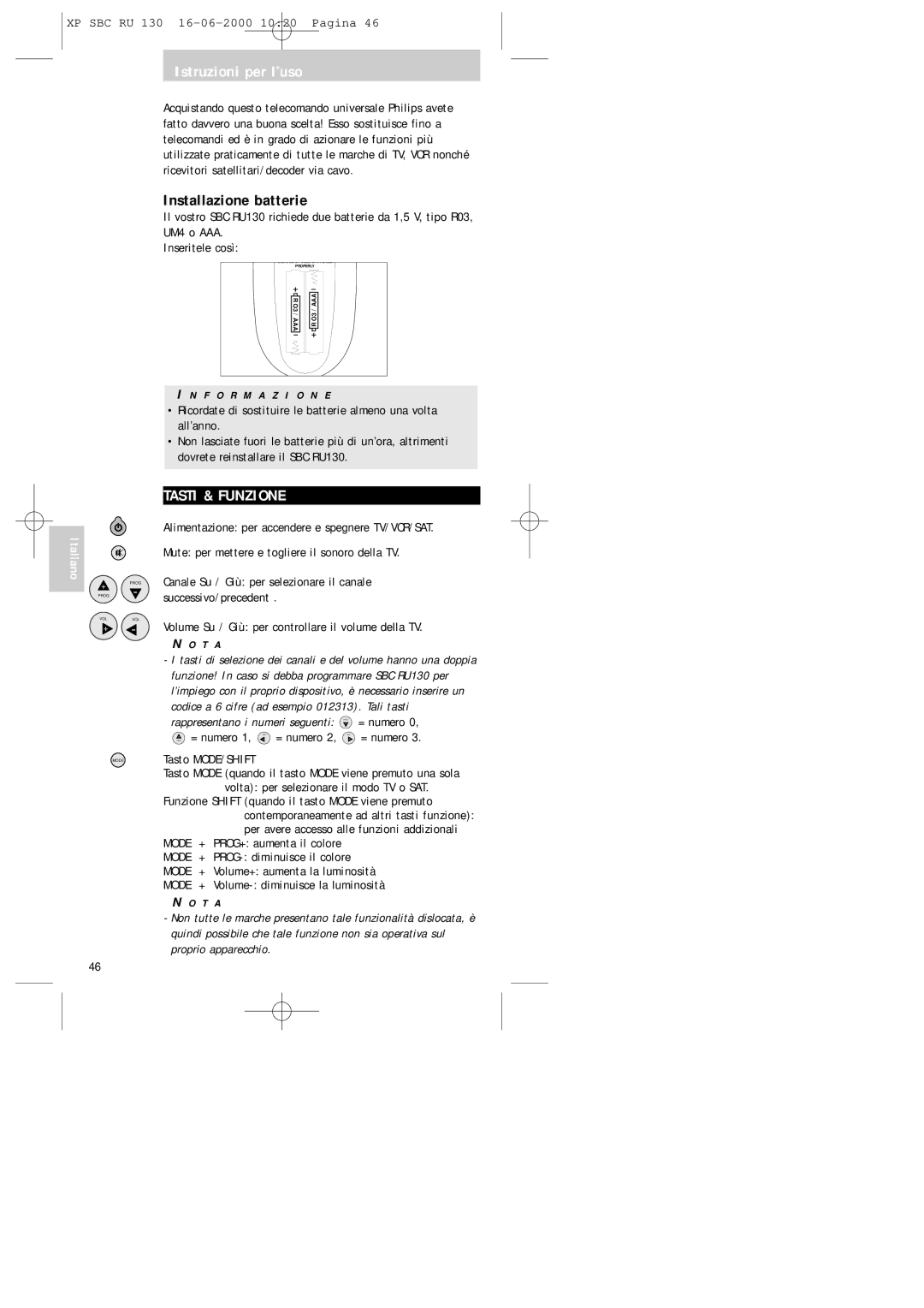 Philips RU130 manual Istruzioni per l’uso, Installazione batterie, Tasti & Funzione, Prog = numero, Tasto MODE/SHIFT 