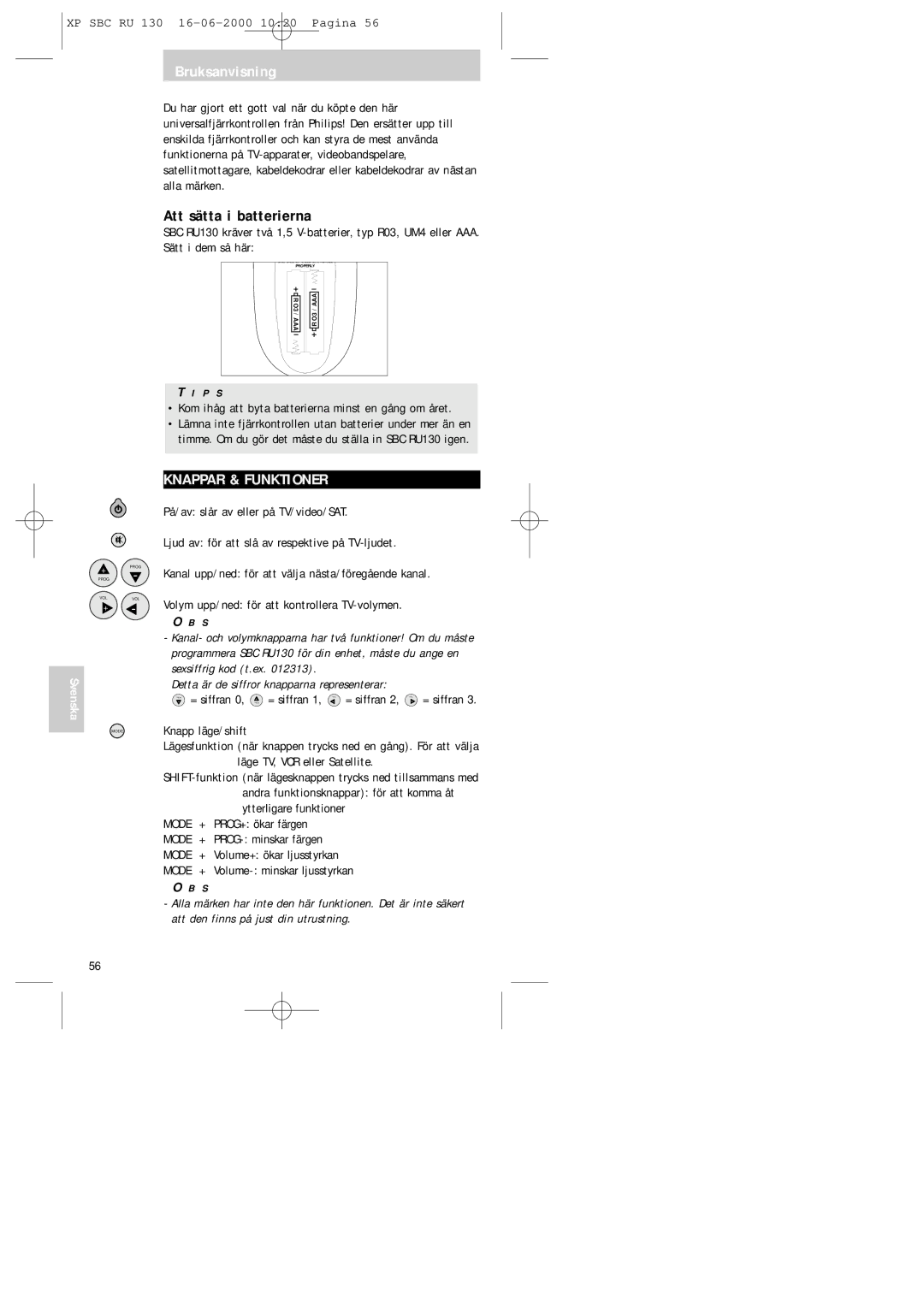 Philips RU130 manual Bruksanvisning, Att sätta i batterierna, Knappar & Funktioner 