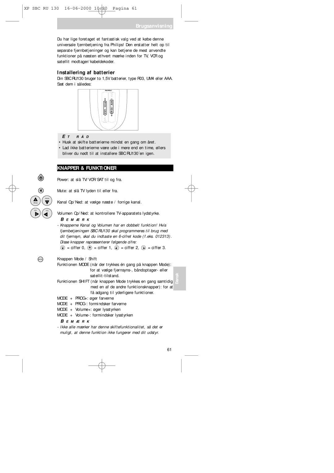 Philips RU130 manual Brugsanvisning, Installering af batterier, Knapper & Funktioner 