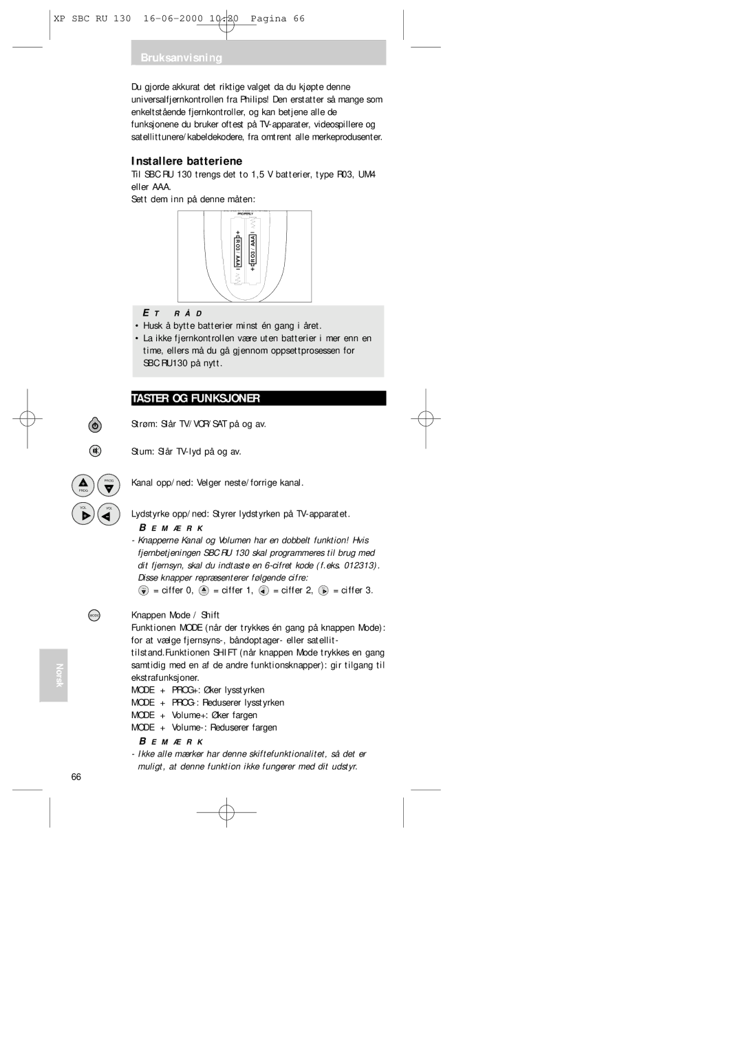 Philips RU130 manual Installere batteriene, Taster OG Funksjoner, = ciffer 0, Prog = ciffer 