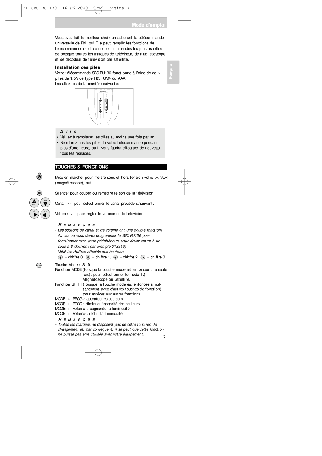 Philips RU130 manual Mode d’emploi, Touches & Fonctions, Installation des piles, Voici les chiffres affectés aux boutons 