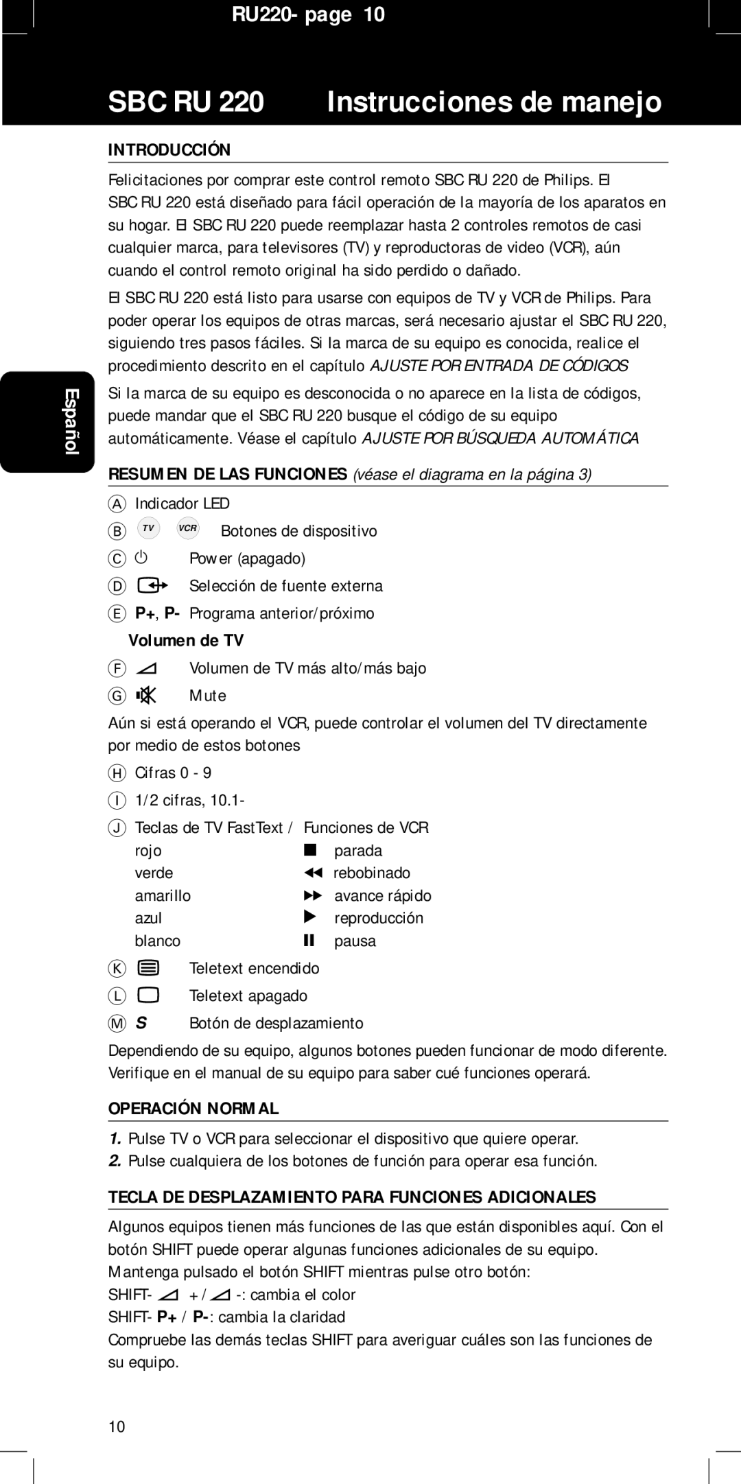 Philips RU220 manual Introducción, Resumen DE LAS Funciones véase el diagrama en la página, Volumen de TV, Operación Normal 