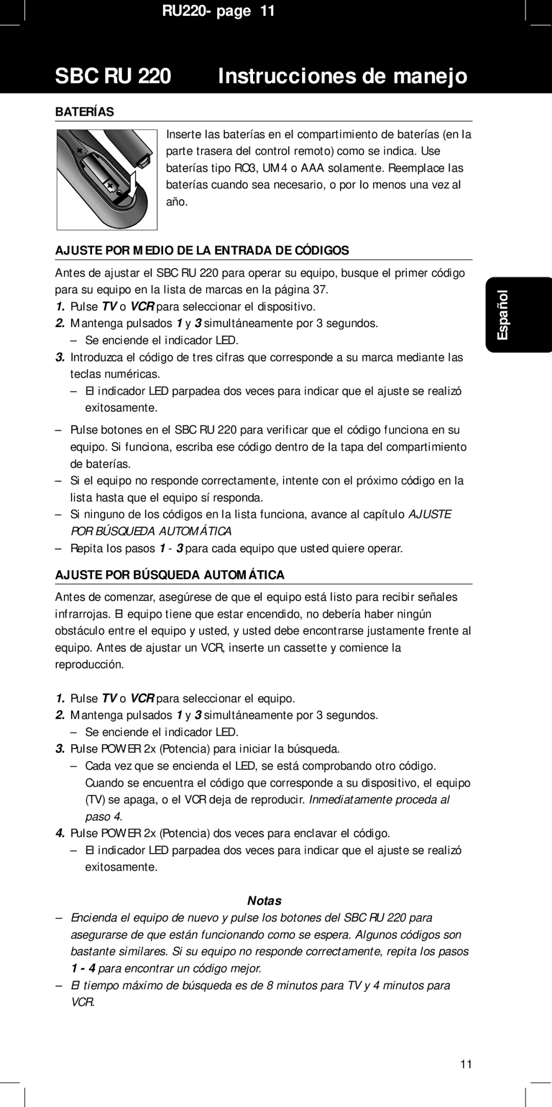 Philips RU220 manual Baterías, Ajuste POR Medio DE LA Entrada DE Códigos, Ajuste POR Búsqueda Automática, Notas 