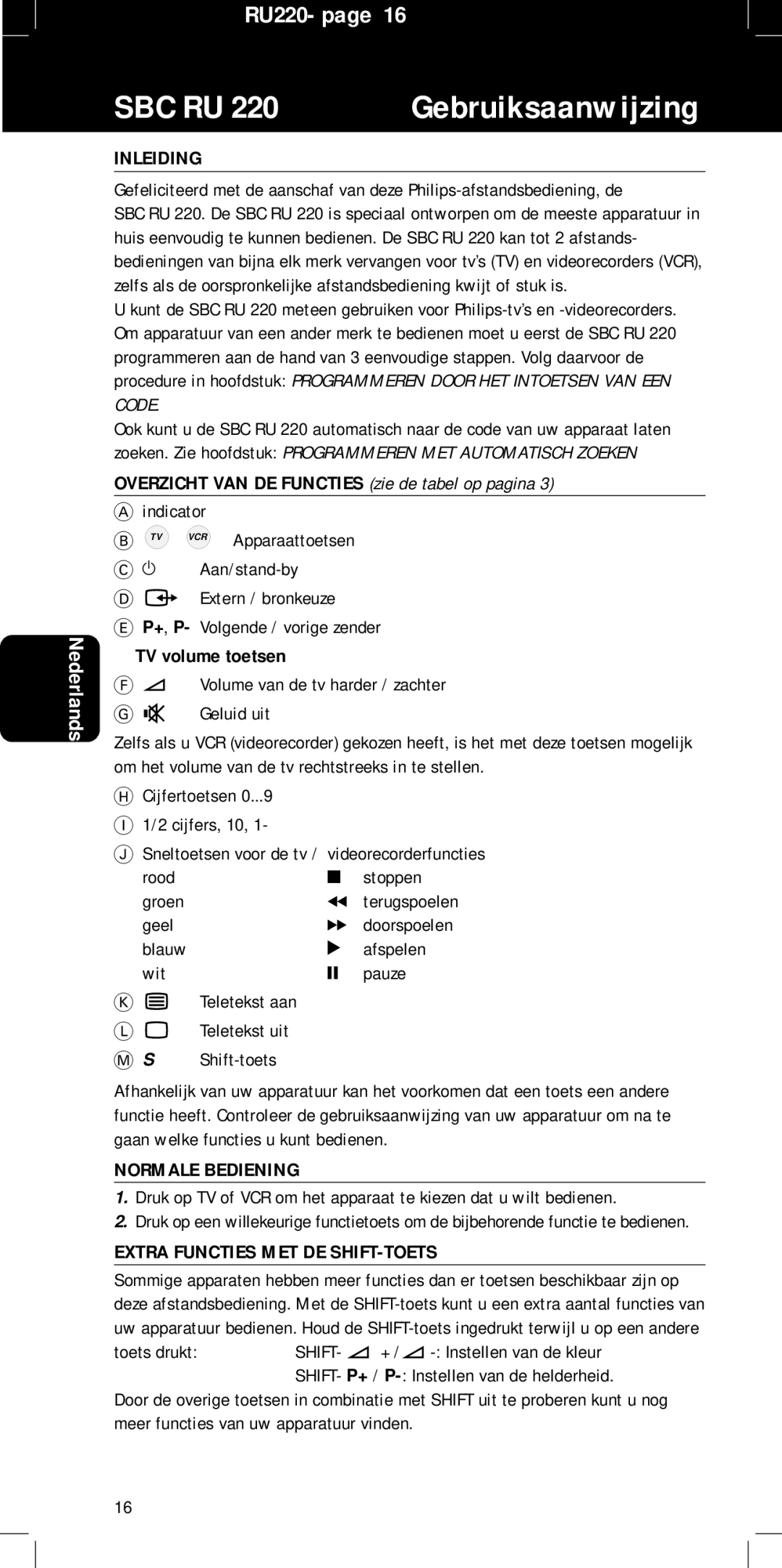 Philips RU220 manual Inleiding, Aan/stand-by, Normale Bediening, Extra Functies MET DE SHIFT-TOETS 