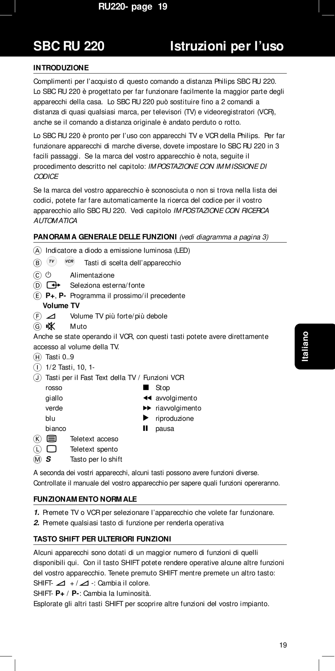 Philips RU220 manual Introduzione, Volume TV, Funzionamento Normale, Tasto Shift PER Ulteriori Funzioni 