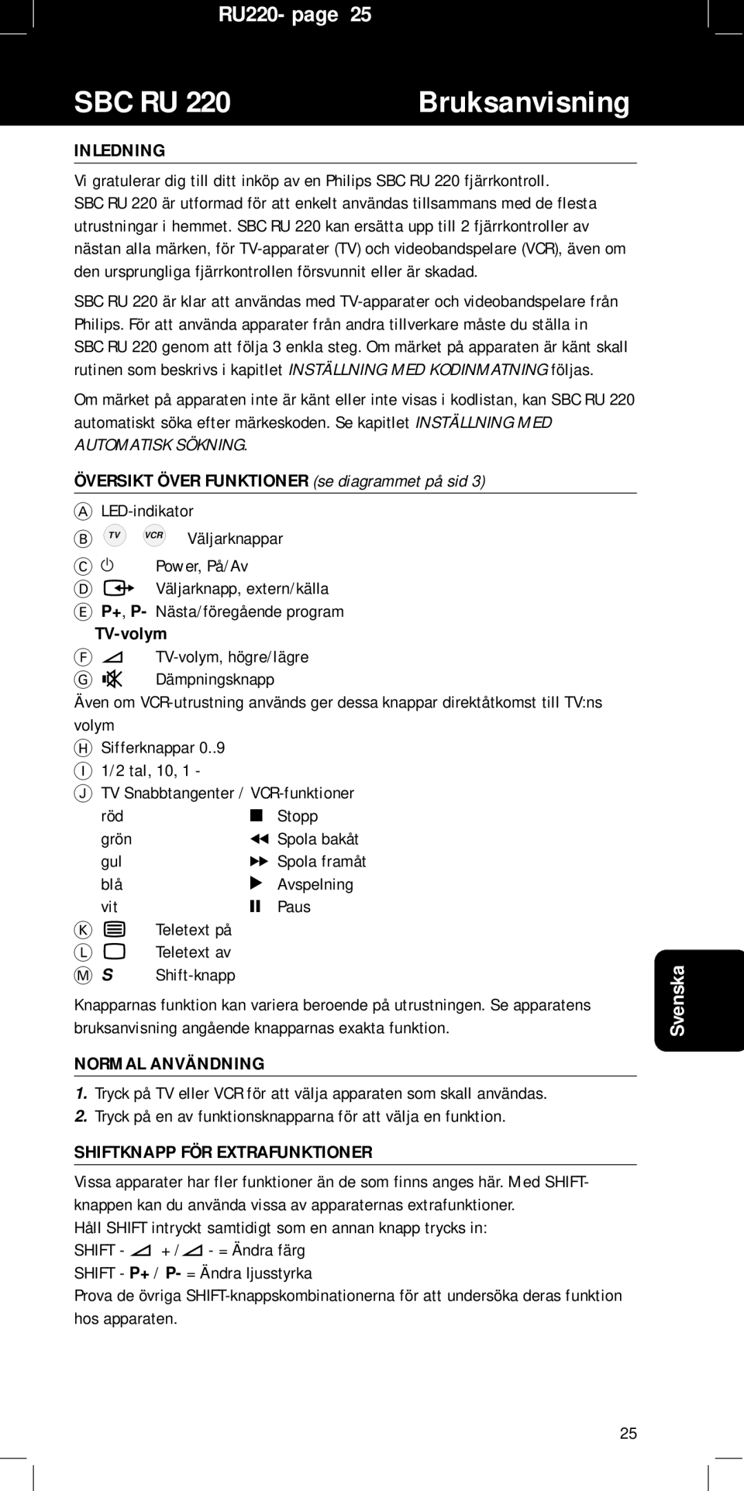 Philips RU220 manual Bruksanvisning, Inledning, Normal Användning, Shiftknapp FÖR Extrafunktioner 