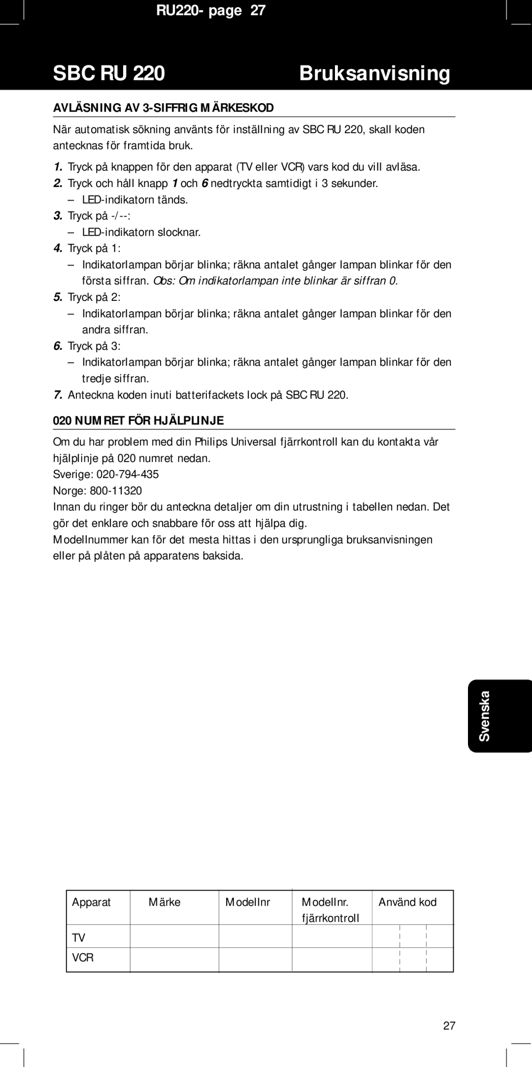 Philips RU220 Avläsning AV 3-SIFFRIG Märkeskod, Numret FÖR Hjälplinje, Apparat Märke Modellnr Använd kod Fjärrkontroll 