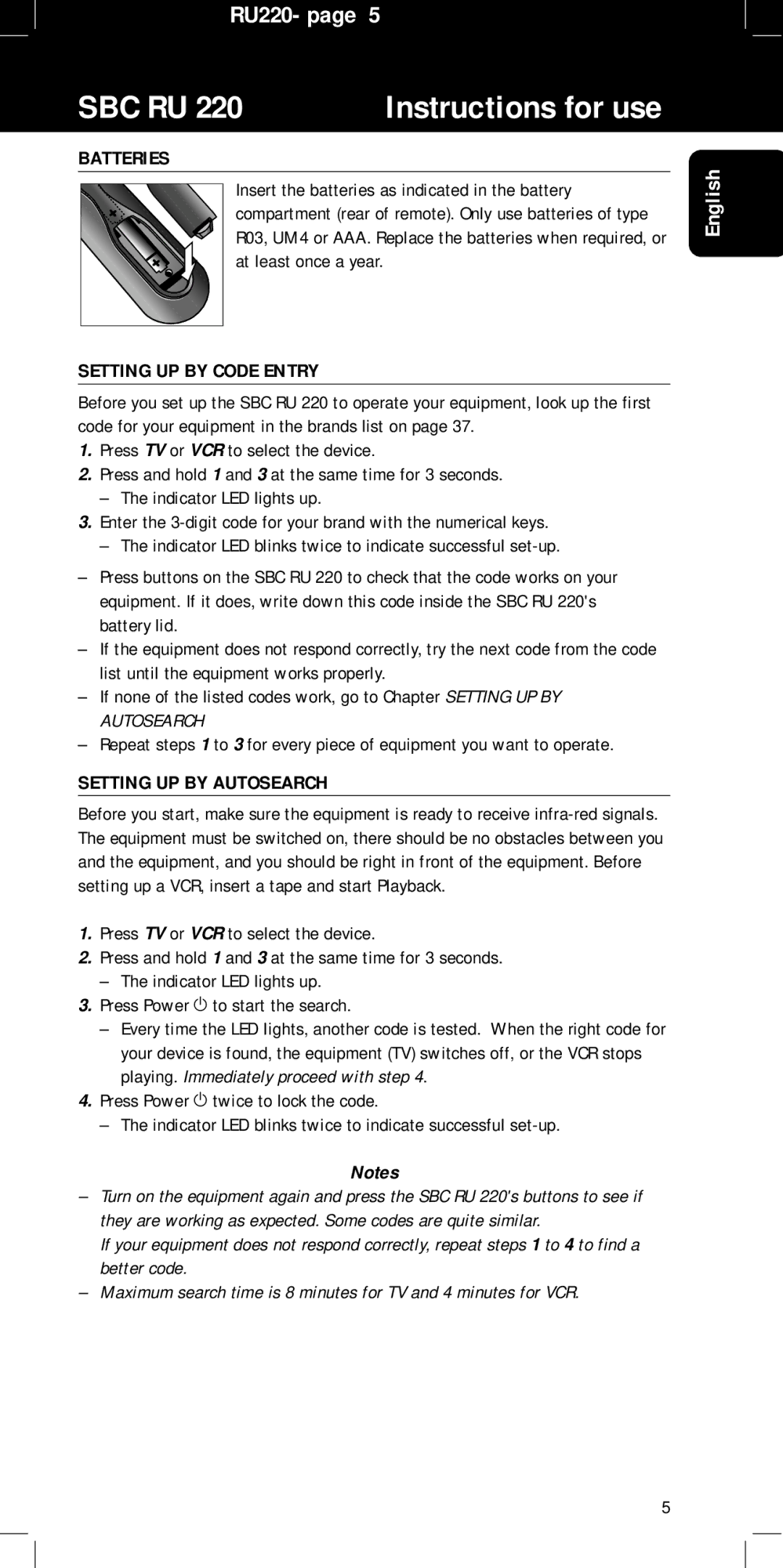 Philips RU220 manual Batteries, Setting UP by Code Entry, Setting UP by Autosearch 