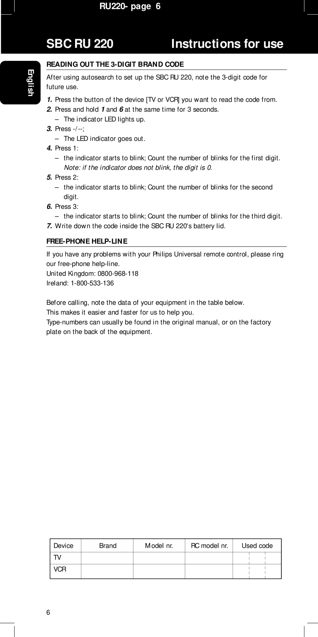 Philips RU220 manual Reading OUT the 3-DIGIT Brand Code, Write down the code inside the SBC RU 220s battery lid 