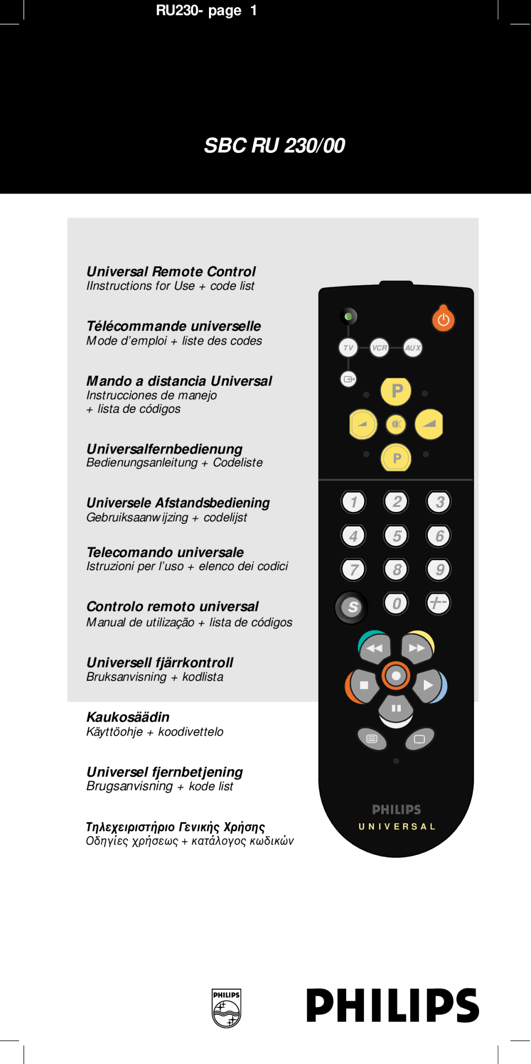 Philips SBC RU 230/00 manual Universal Remote Control, Télécommande universelle, Mando a distancia Universal, Kaukosäädin 