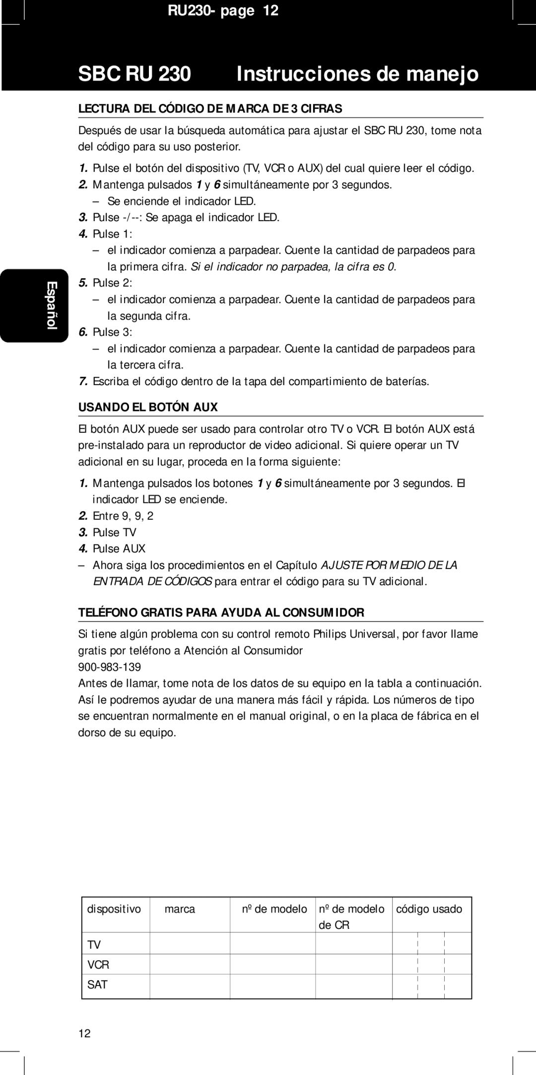 Philips RU230 manual Lectura DEL Código DE Marca DE 3 Cifras, Usando EL Botón AUX, Teléfono Gratis Para Ayuda AL Consumidor 