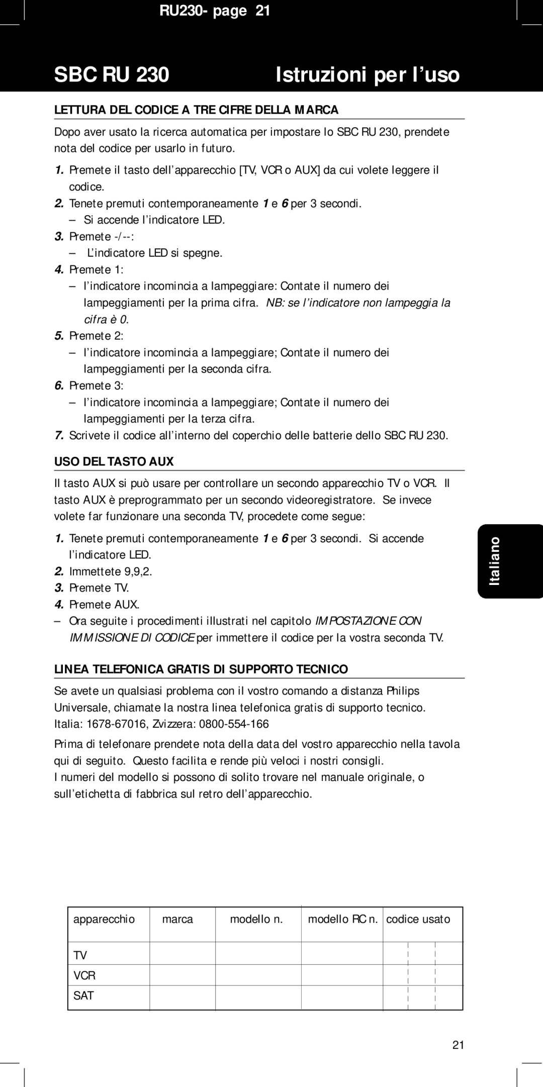 Philips SBC RU 230/00, RU230 Lettura DEL Codice a TRE Cifre Della Marca, USO DEL Tasto AUX, Apparecchio Marca Modello n 