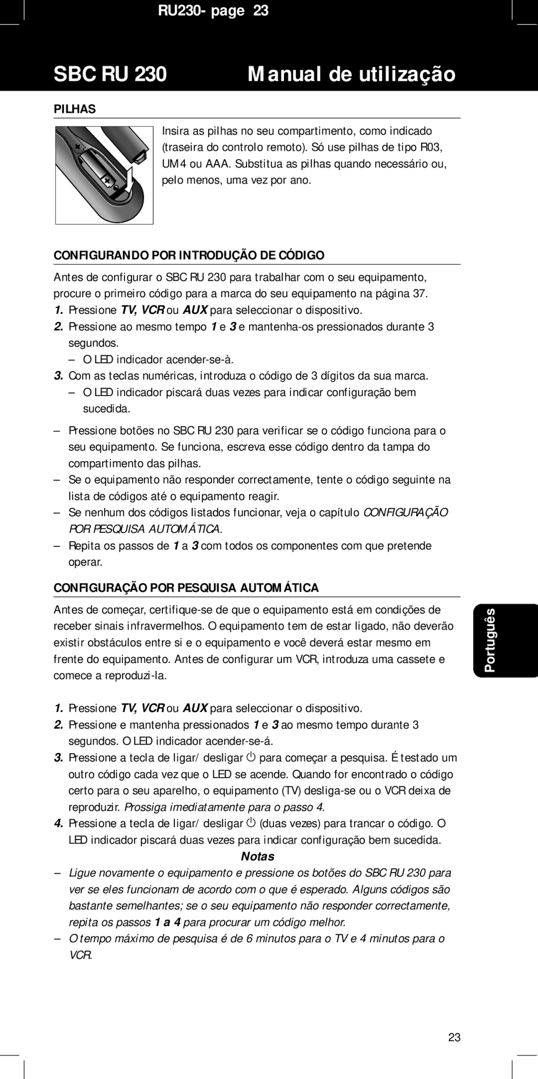 Philips SBC RU 230/00, RU230 manual Pilhas, Configurando POR Introdução DE Código, Configuração POR Pesquisa Automática 