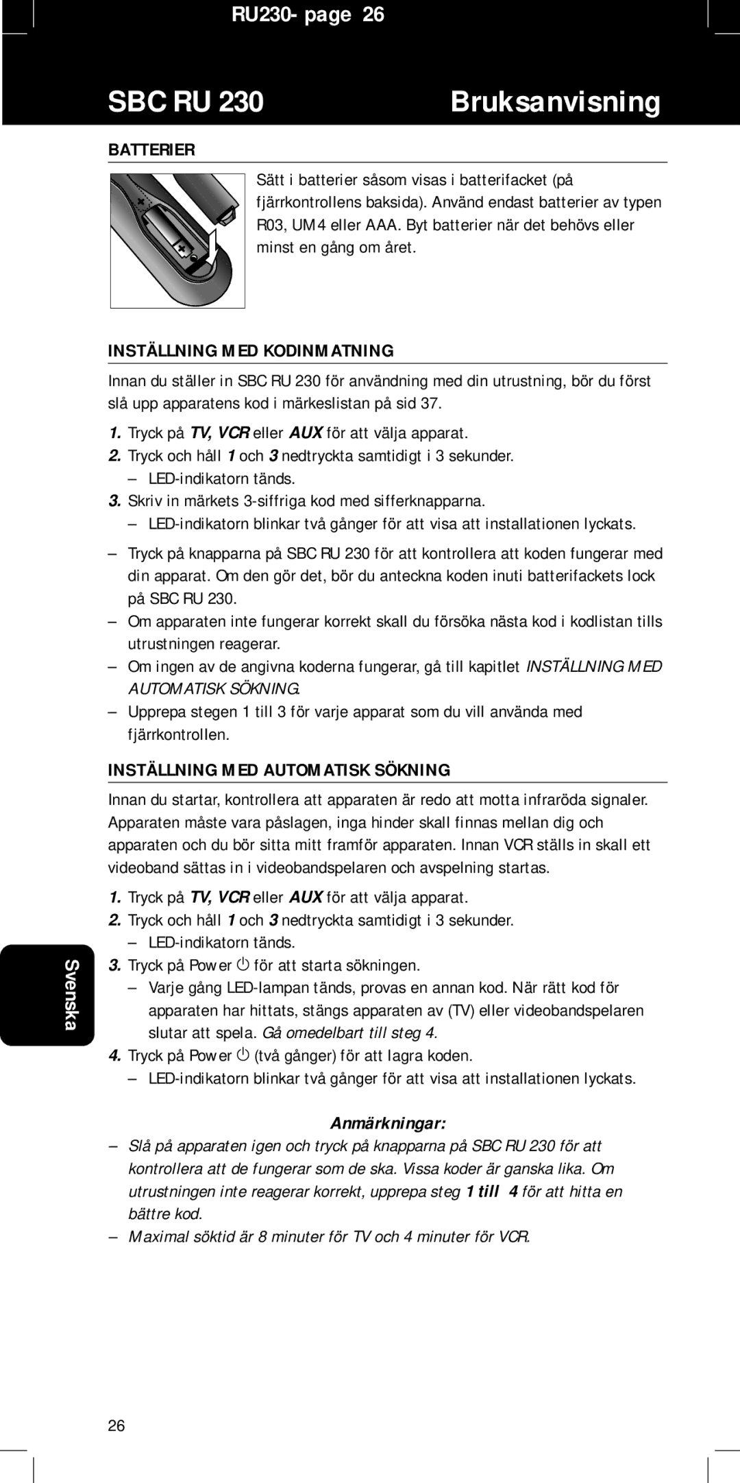 Philips RU230, SBC RU 230/00 Batterier, Inställning MED Kodinmatning, Inställning MED Automatisk Sökning, Anmärkningar 