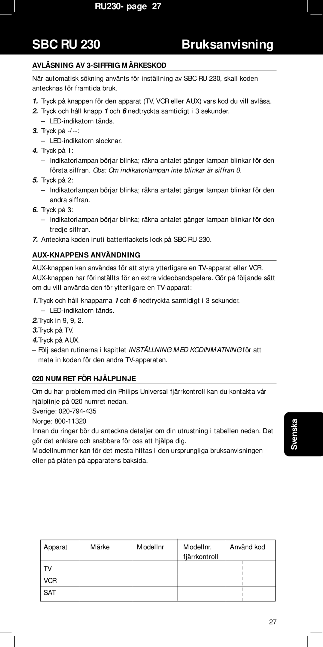 Philips SBC RU 230/00, RU230 manual Avläsning AV 3-SIFFRIG Märkeskod, AUX-KNAPPENS Användning, Numret FÖR Hjälplinje 