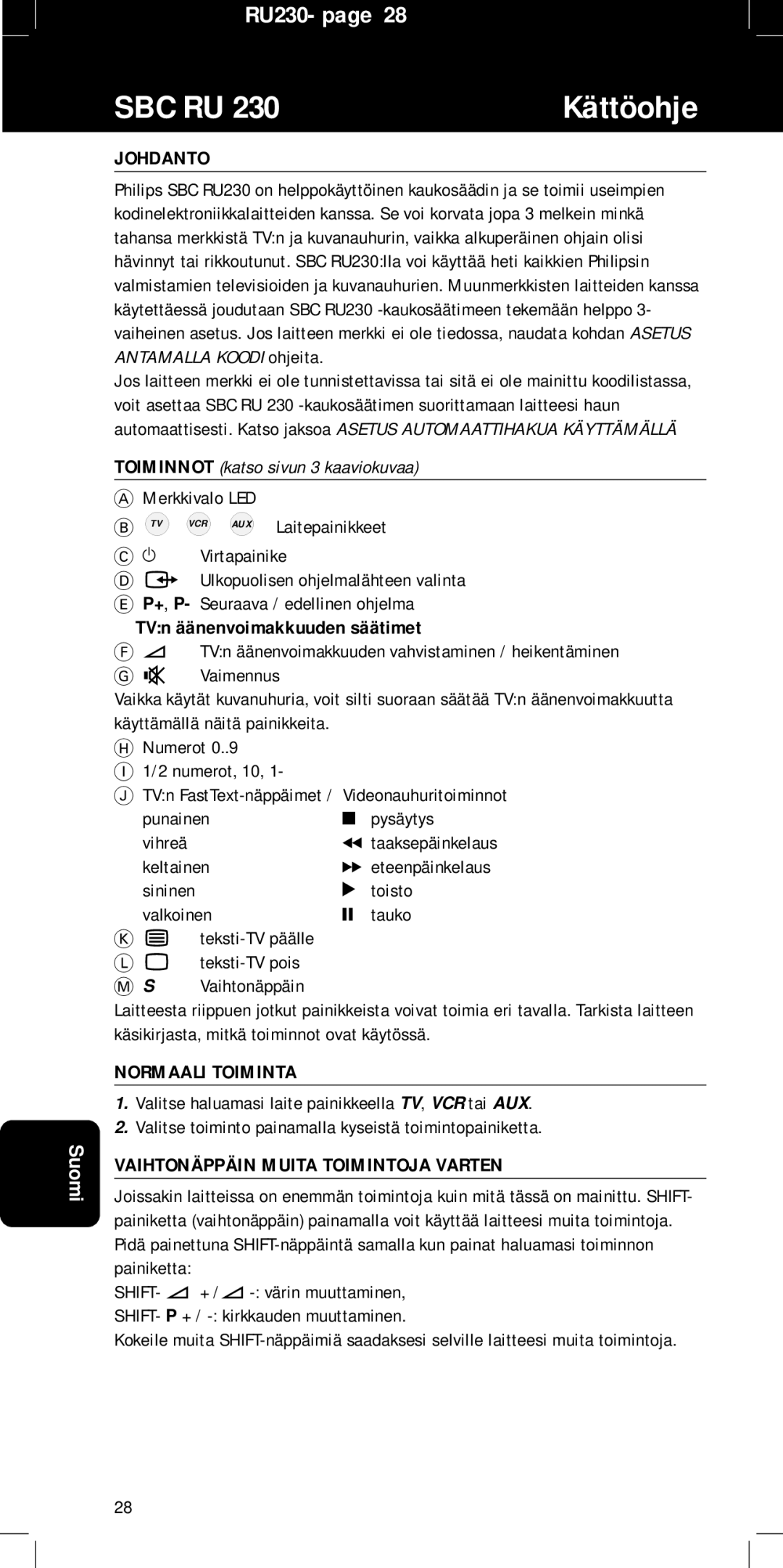 Philips RU230, SBC RU 230/00 manual Kättöohje, Johdanto, TVn äänenvoimakkuuden säätimet, Normaali Toiminta 