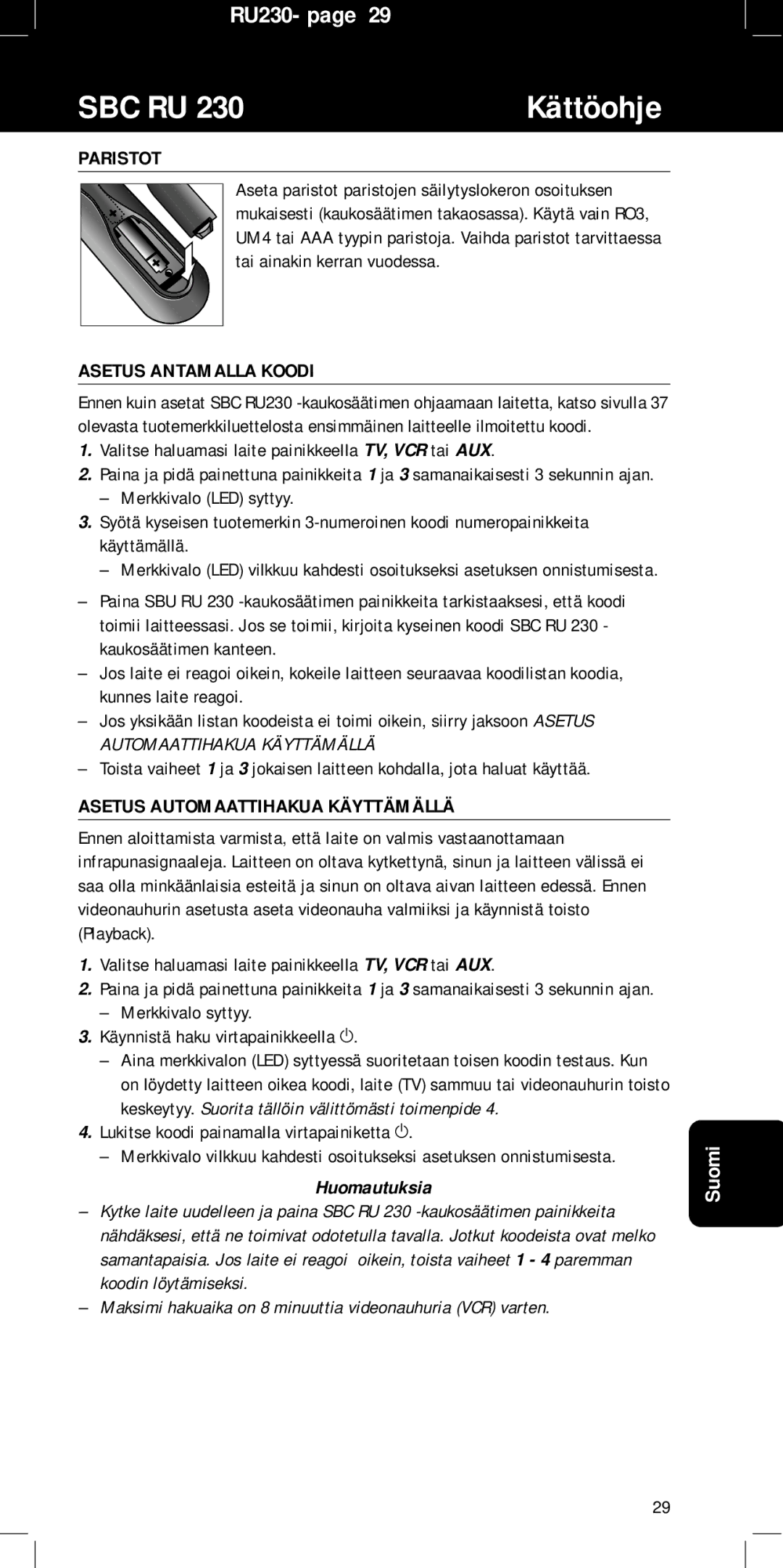 Philips SBC RU 230/00, RU230 manual Paristot, Asetus Antamalla Koodi, Asetus Automaattihakua Käyttämällä, Huomautuksia 