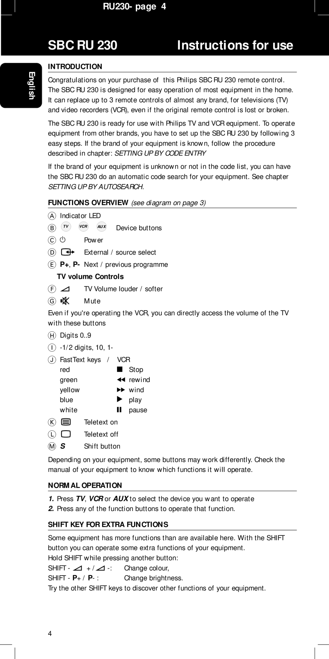 Philips RU230, SBC RU 230/00 manual Instructions for use, VCR AUX Device buttons, Power 