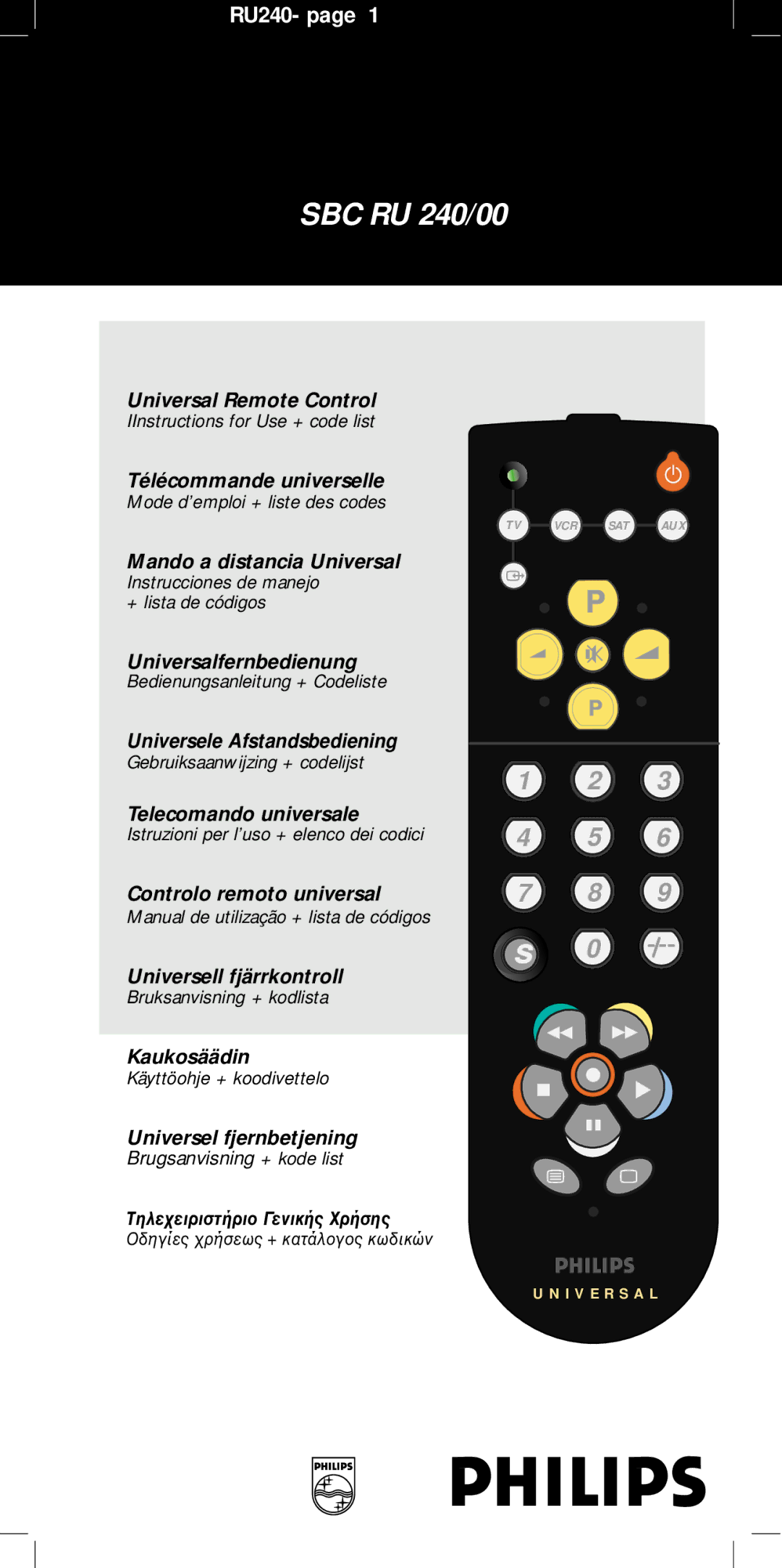 Philips RU240 manual Universal Remote Control, Télécommande universelle, Mando a distancia Universal, Kaukosäädin 