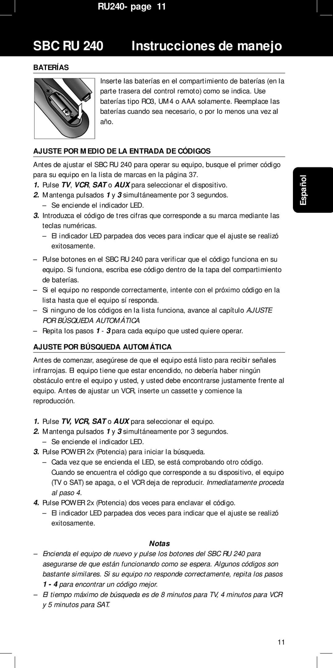 Philips RU240 manual Baterías, Ajuste POR Medio DE LA Entrada DE Códigos, Ajuste POR Búsqueda Automática, Notas 