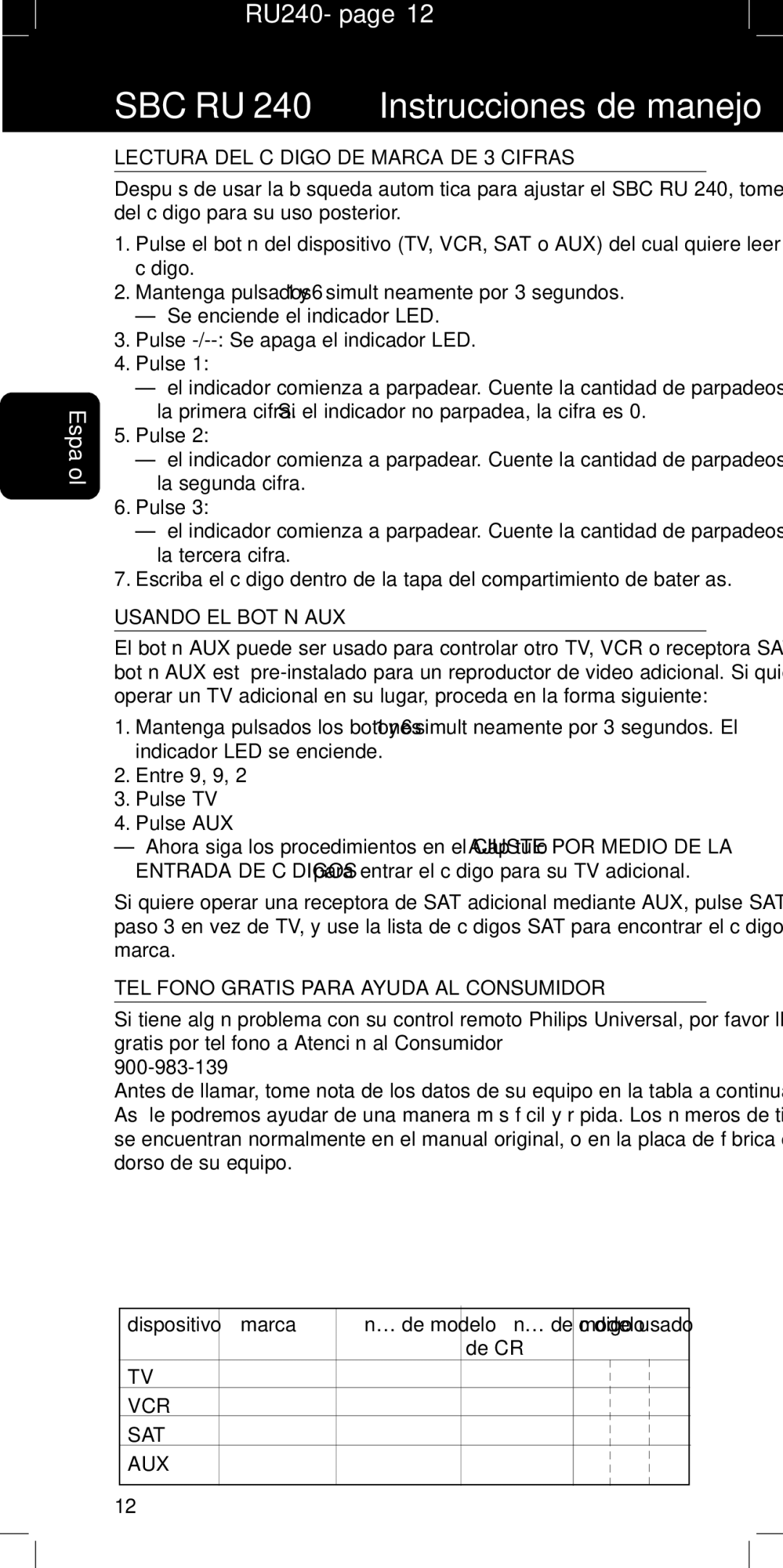 Philips RU240 manual Lectura DEL Código DE Marca DE 3 Cifras, Usando EL Botón AUX, Teléfono Gratis Para Ayuda AL Consumidor 