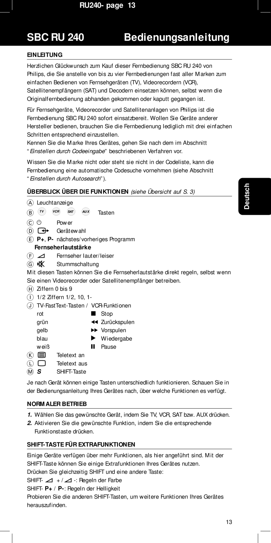 Philips RU240 manual Bedienungsanleitung, Einleitung, Normaler Betrieb, SHIFT-TASTE FÜR Extrafunktionen 