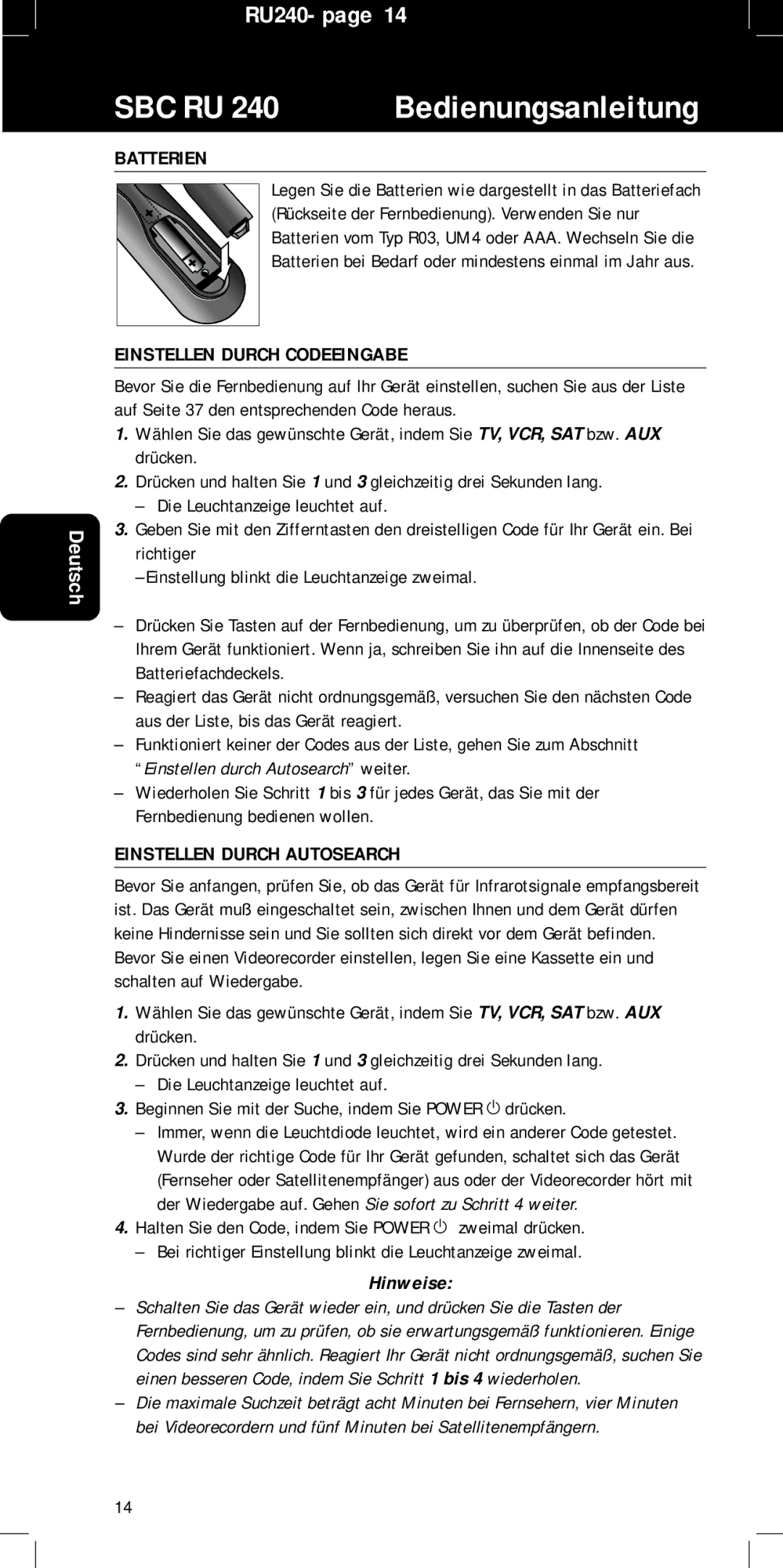 Philips RU240 manual Batterien, Einstellen Durch Codeeingabe, Einstellen Durch Autosearch, Hinweise 