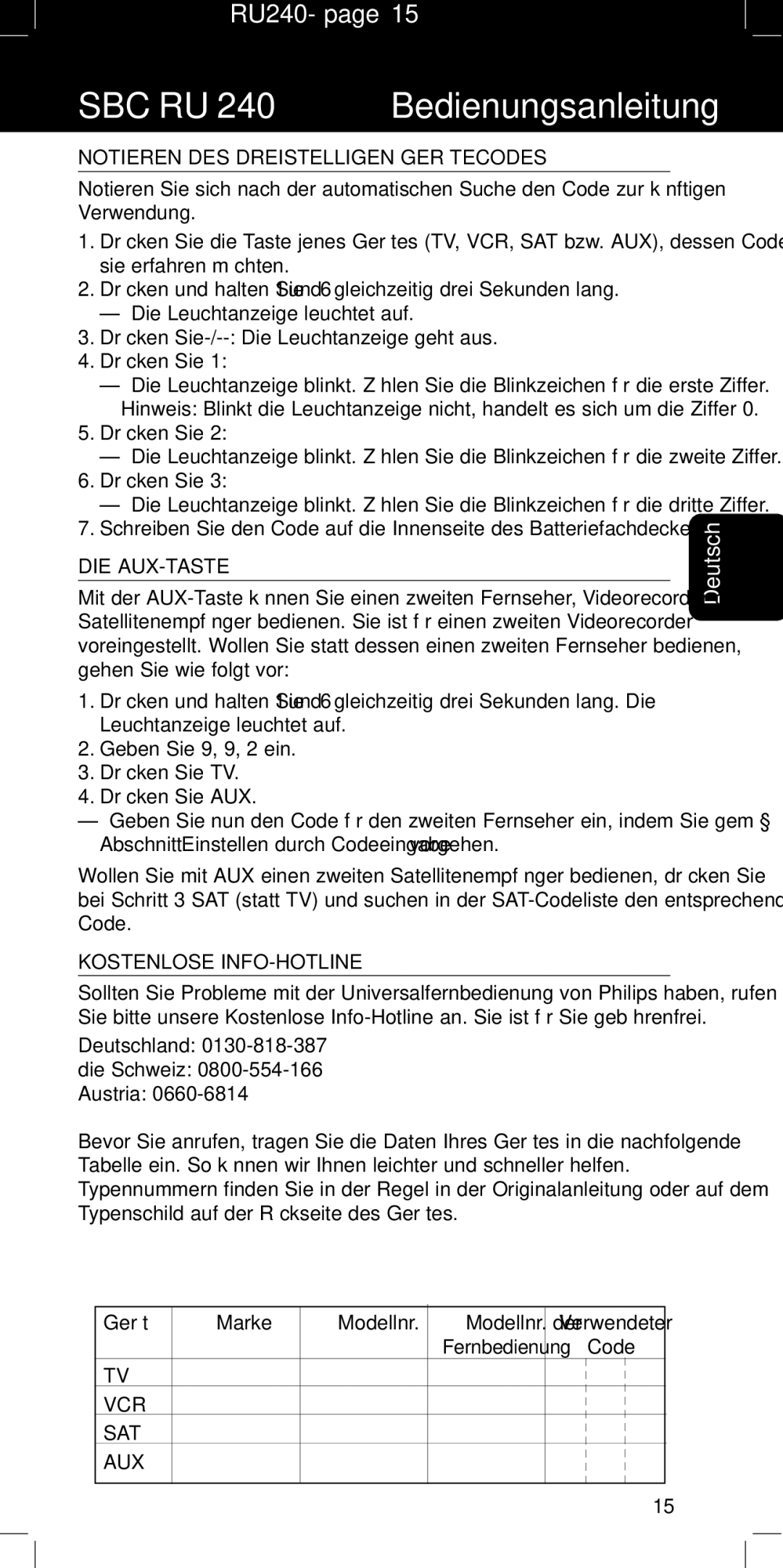 Philips RU240 manual Notieren DES Dreistelligen Gerätecodes, Die Aux-Taste, Kostenlose INFO-HOTLINE 