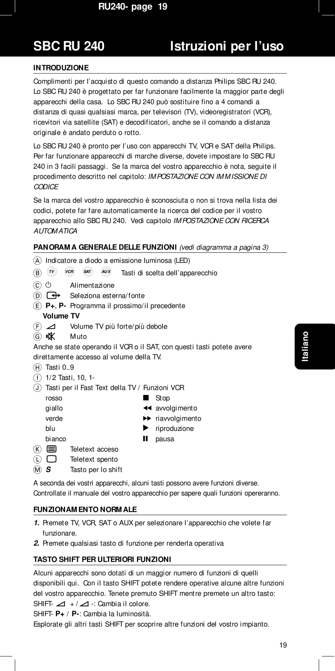 Philips RU240 manual Introduzione, Volume TV, Funzionamento Normale, Tasto Shift PER Ulteriori Funzioni 