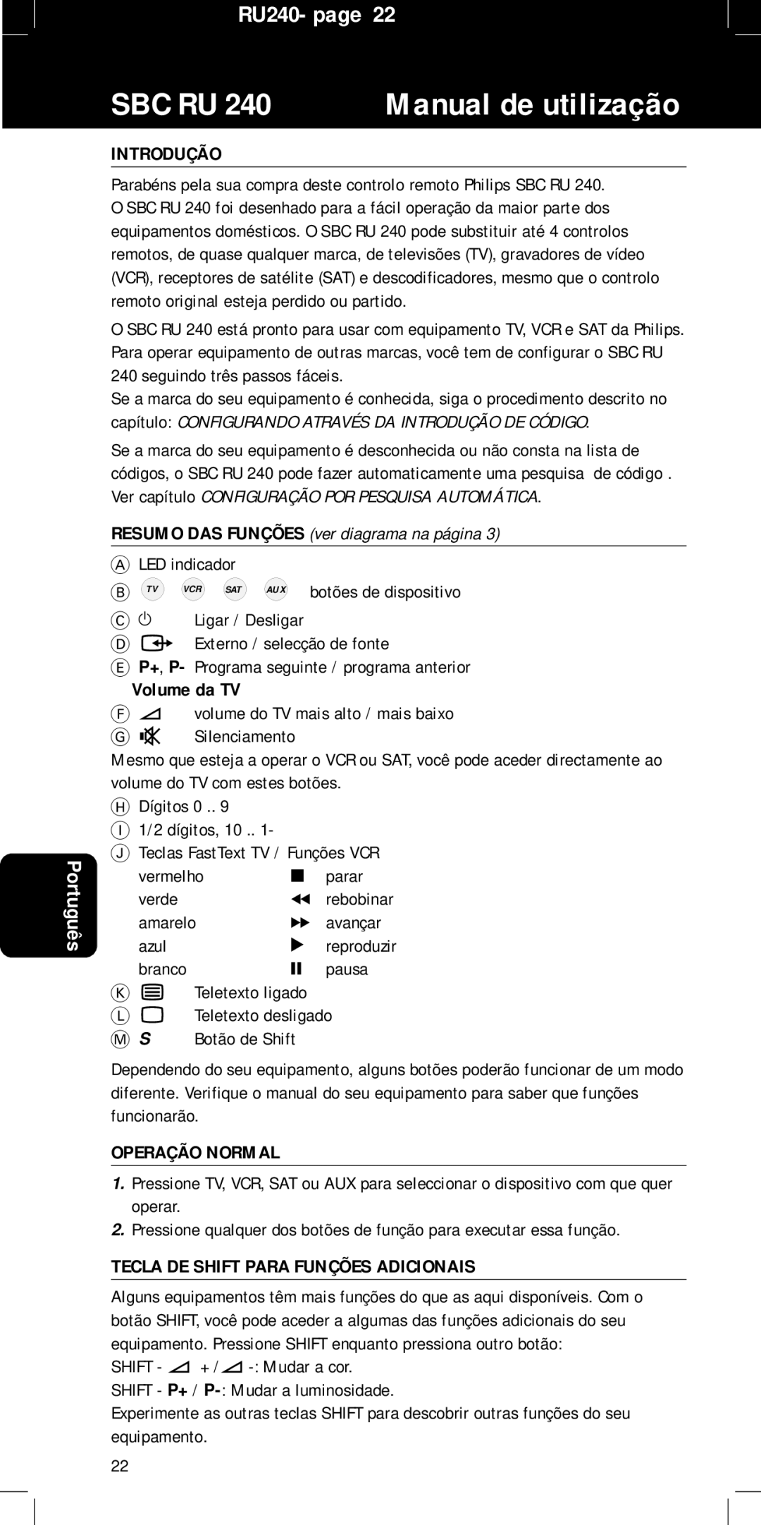 Philips RU240 manual Introdução, Volume da TV, Operação Normal, Tecla DE Shift Para Funções Adicionais 