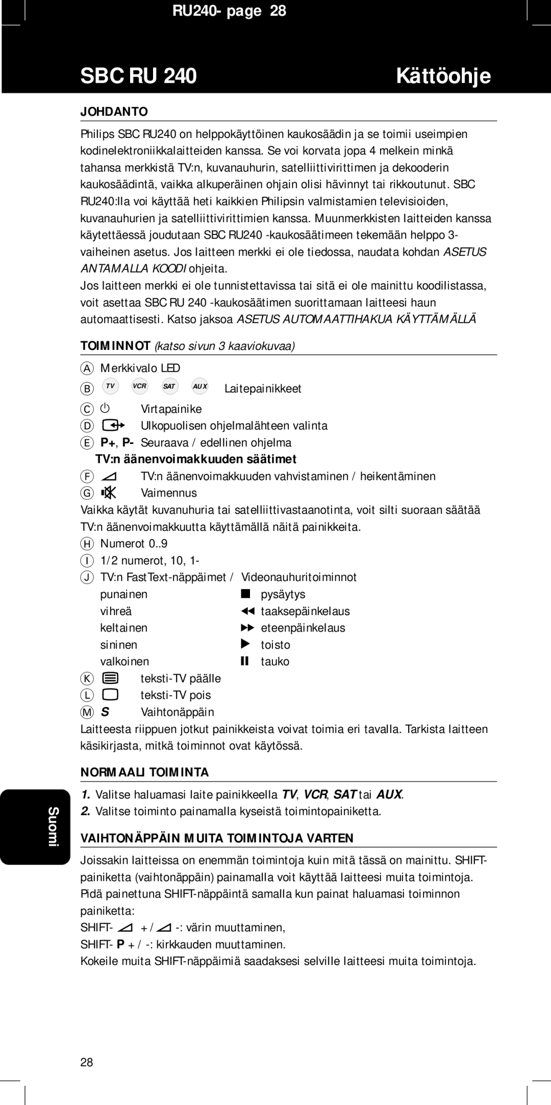 Philips RU240 manual Kättöohje, Johdanto, TVn äänenvoimakkuuden säätimet, Normaali Toiminta 