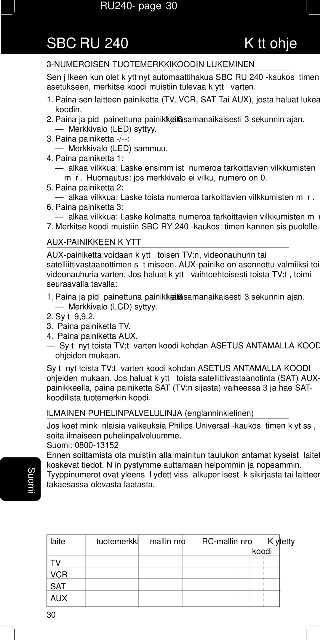 Philips RU240 manual Numeroisen Tuotemerkkikoodin Lukeminen, AUX-PAINIKKEEN Käyttö 