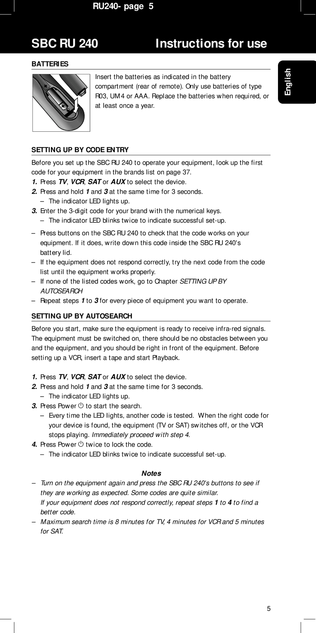 Philips RU240 manual Batteries, Setting UP by Code Entry, Setting UP by Autosearch 
