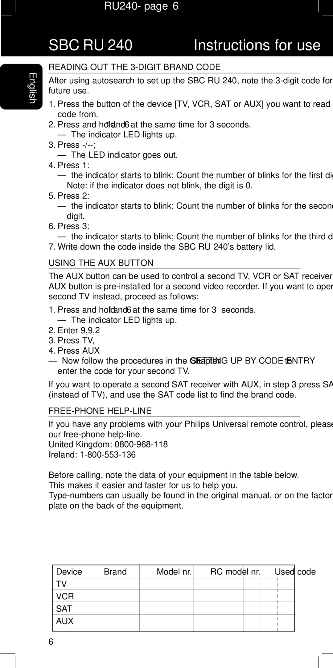 Philips RU240 manual Reading OUT the 3-DIGIT Brand Code, Write down the code inside the SBC RU 240s battery lid 