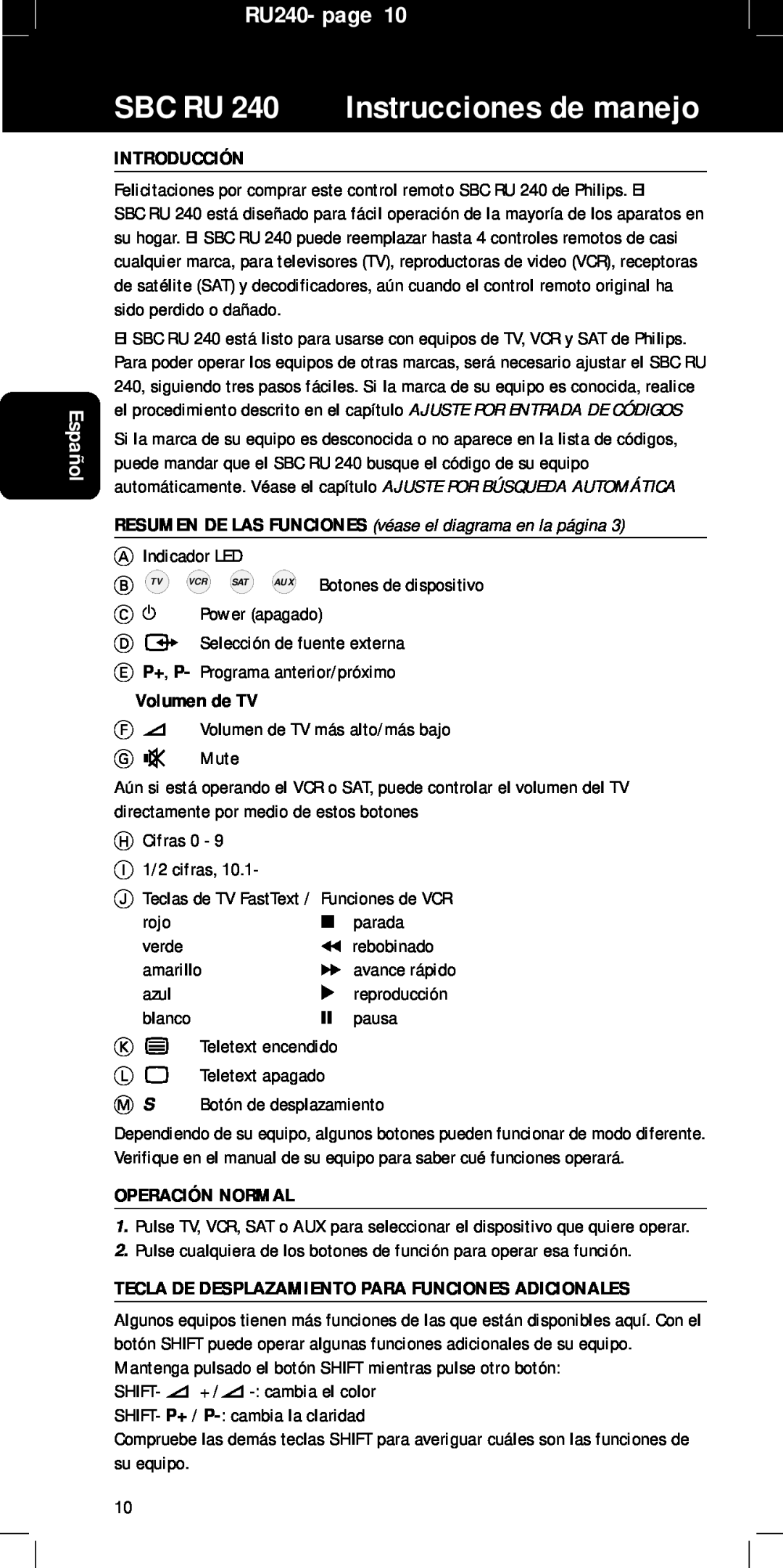 Philips SBC RU 240 Instrucciones de manejo, Español, Introducción, Volumen de TV, Operación Normal, RU240- page, B Tv 