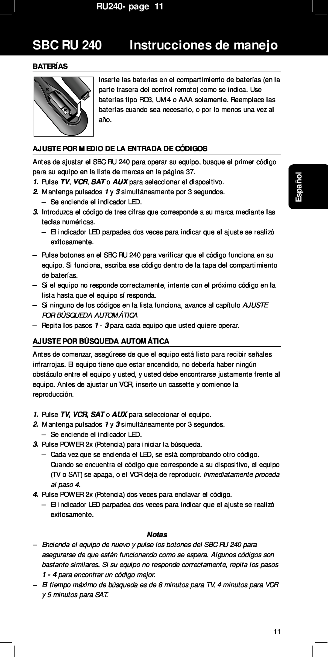 Philips manual Baterías, Ajuste Por Medio De La Entrada De Códigos, Ajuste Por Búsqueda Automática, RU240- page, Español 