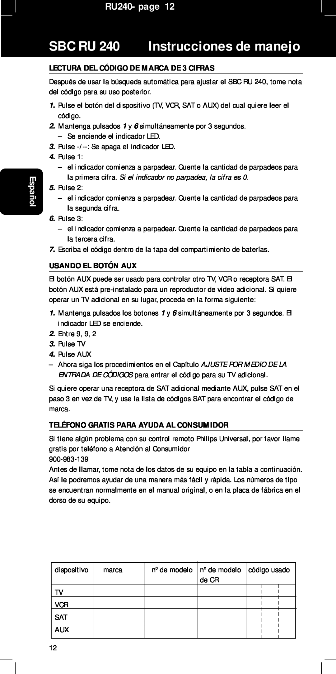 Philips RU240 manual LECTURA DEL CÓDIGO DE MARCA DE 3 CIFRAS, Usando El Botón Aux, Teléfono Gratis Para Ayuda Al Consumidor 