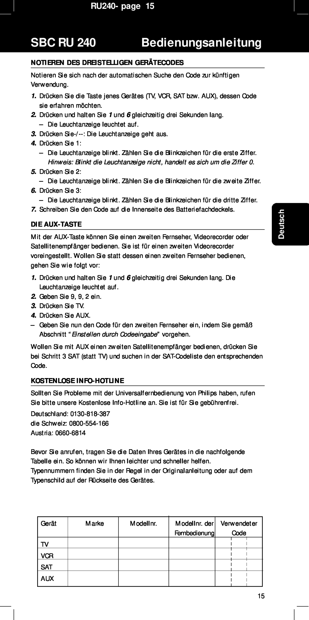Philips RU240 Notieren Des Dreistelligen Gerätecodes, Die Aux-Taste, Kostenlose Info-Hotline, Sbc Ru, Bedienungsanleitung 