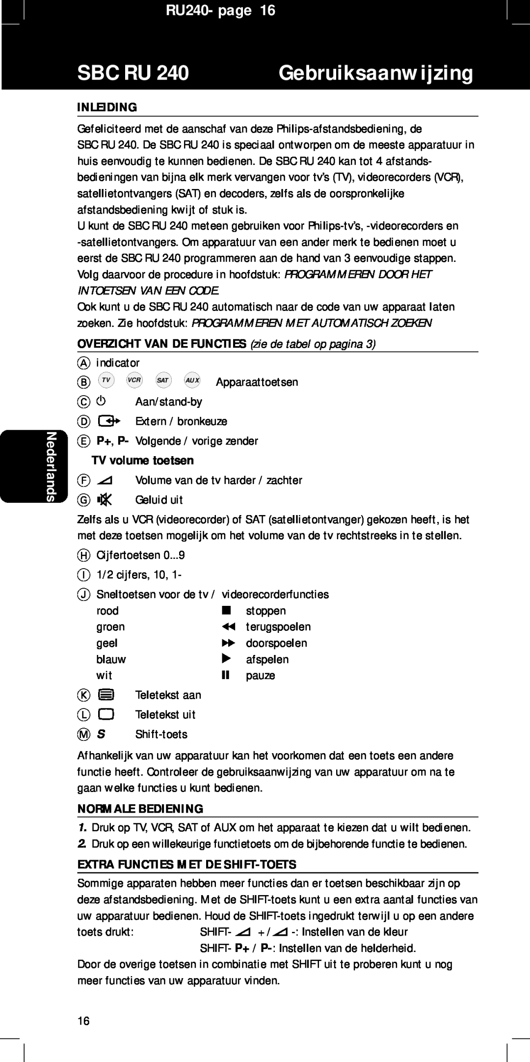 Philips RU240 Gebruiksaanwijzing, Nederlands, Inleiding, OVERZICHT VAN DE FUNCTIES zie de tabel op pagina, Sbc Ru, B Tv 
