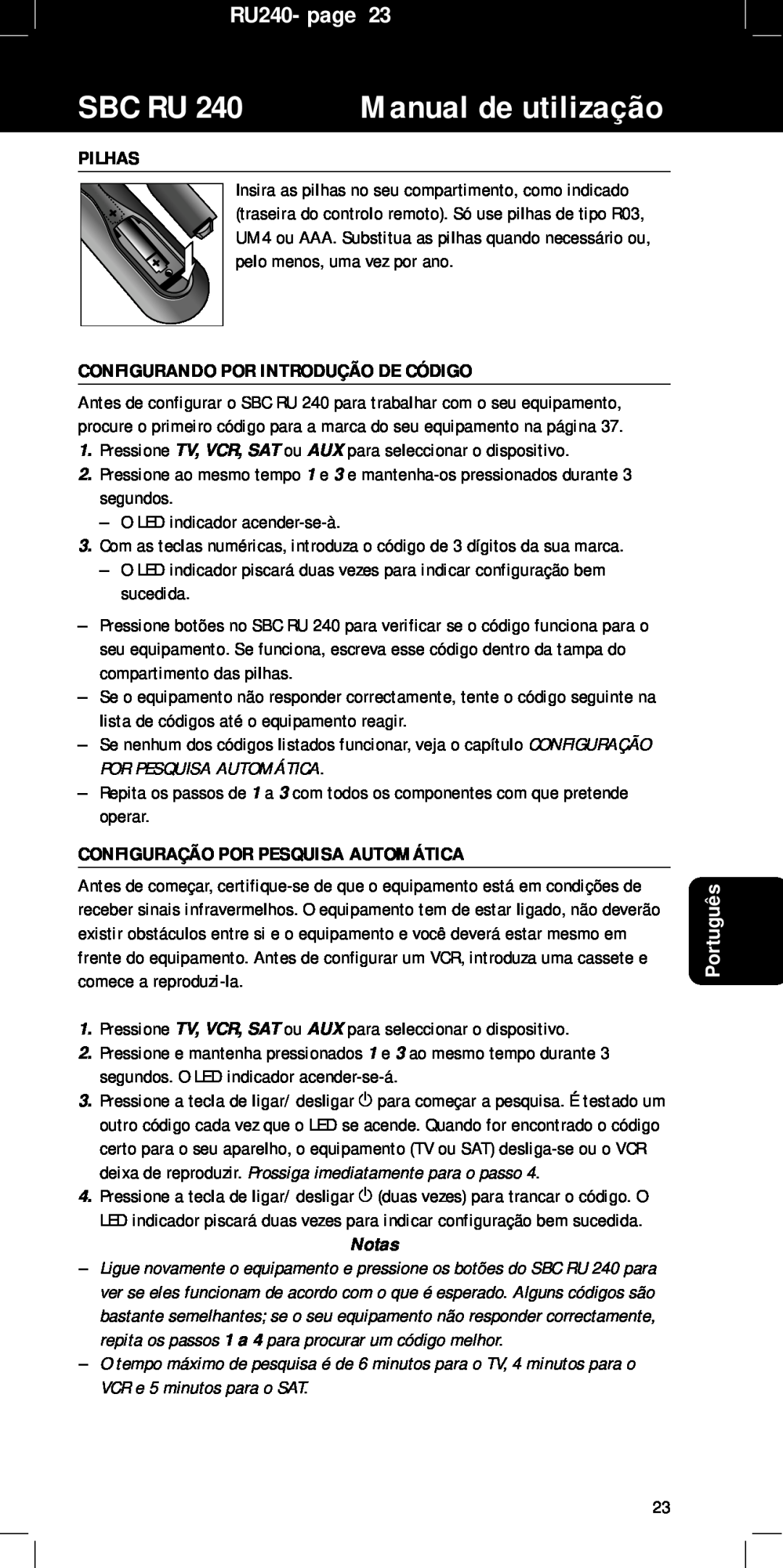 Philips manual Pilhas, Configurando Por Introdução De Código, Configuração Por Pesquisa Automática, Sbc Ru, RU240- page 