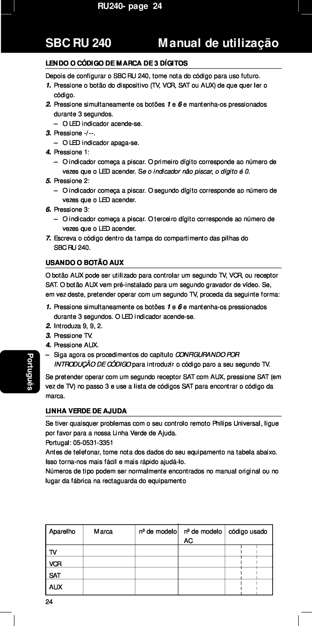 Philips RU240 LENDO O CÓDIGO DE MARCA DE 3 DÍGITOS, Usando O Botão Aux, Linha Verde De Ajuda, Sbc Ru, Manual de utilização 