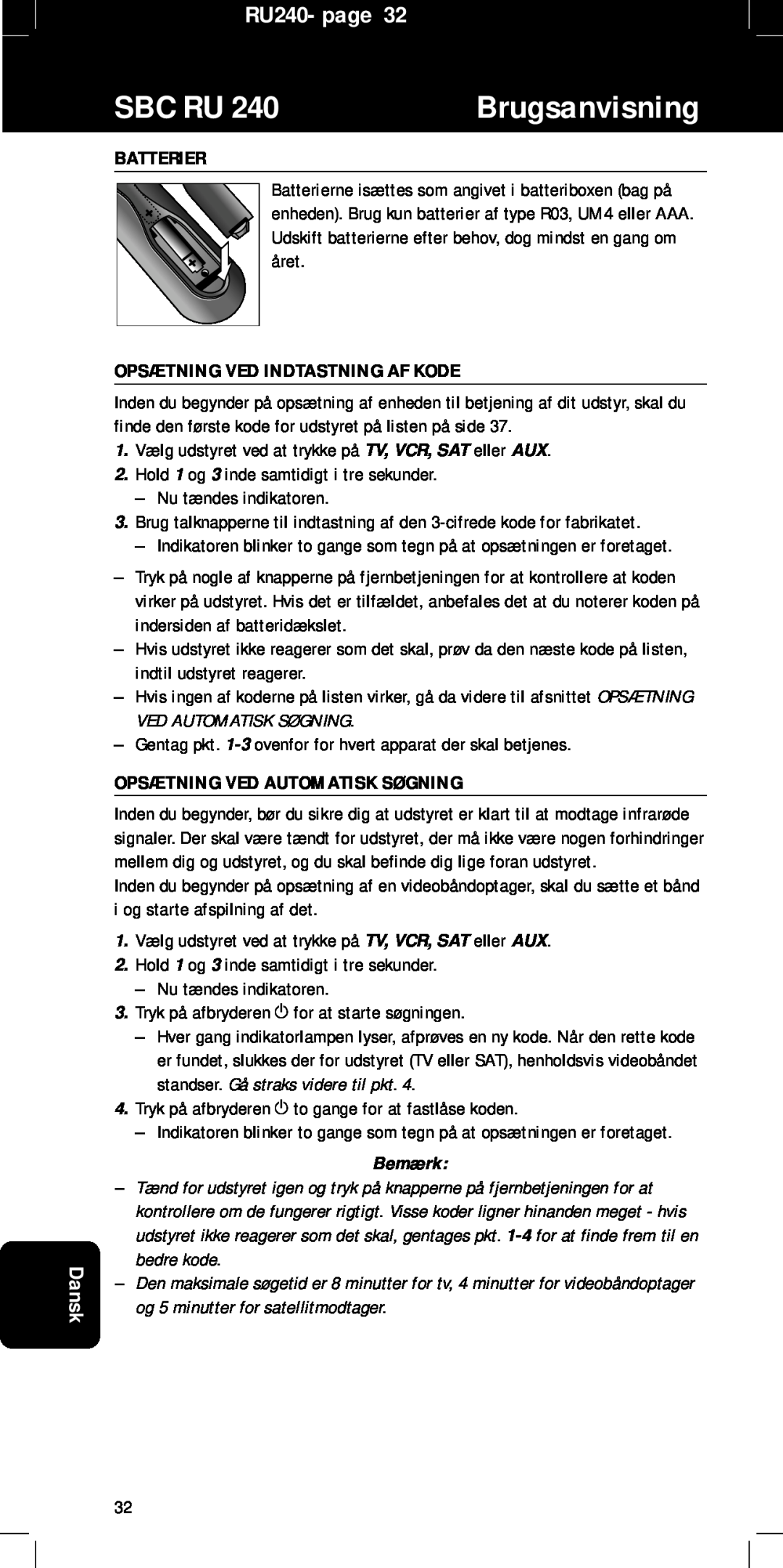 Philips Opsætning Ved Indtastning Af Kode, Opsætning Ved Automatisk Søgning, Sbc Ru, Brugsanvisning, RU240- page, Dansk 